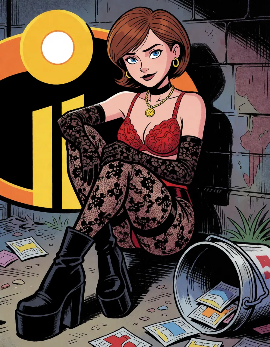 comic book art, Helen Parr—Elastigirl from the movie *The Incredibles* (hereinafter referred to as Helen)—has full buttocks and breasts, very full lips, and a slender waist; she also has large, dark brown areolas and nipples. She is wearing black lace stockings, a red lace bra, long black lace gloves, and black boots with high platforms and chunky soles. Her black lace panties are pulled down and hanging around one of her ankles. She wears a gold chain with a small gold medallion and a black choker, as well as gold hoop earrings and a ring. Helen is wearing black mascara and dark red lipstick. She has a tattoo of the Parr superhero family symbol from *The Incredibles* on her pubic area. The words "Fuck me" and "Cum inside me" are written on her buttocks. A large black vector image of a sun (hollow in the center) is drawn around the areola of her left breast. She has a red flush on her cheeks.Helen is being fucked by beggars in the slums under the bridge; she is engaging in a gangbang with them. The beggars are fucking her deep in the vagina, deep in the anus, and deep in the mouth. They are ejaculating massive amounts of semen inside her; the semen is pouring out in extraordinary quantities from her mouth, vagina, and anus. Helen is performing deep-throat fellatio, and her eyes have rolled back from orgasm. A great deal of black mascara has run and smeared from her eyes. The ground is littered with vast amounts of semen and used condoms; used condoms containing semen are draped over Helen's stockings. Helen is covered from head to toe in copious amounts of white semen. Nearby lies an overturned bucket, spilling out packs of condoms., bold black ink outlines, halftone dot shading, cross hatched shadows, flat four colour print palette, hard high contrast comic inking, printed comic page, strikingly beautiful, radiant complexion, early twenties