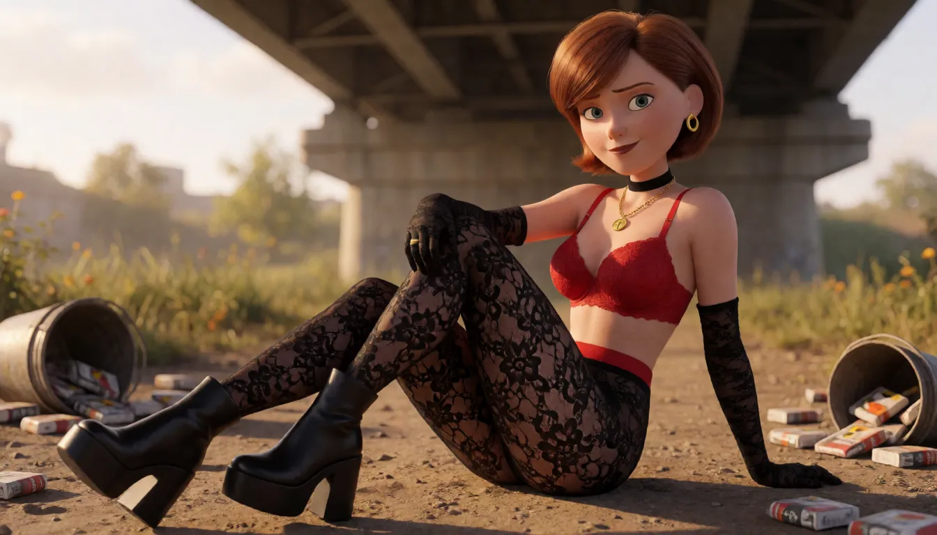 a photograph, Helen Parr—Elastigirl from the movie *The Incredibles* (hereinafter referred to as Helen)—has full buttocks and breasts, very full lips, and a slender waist; she also has large, dark brown areolas and nipples. She is wearing black lace stockings, a red lace bra, long black lace gloves, and black boots with high platforms and chunky soles. Her black lace panties are pulled down and hanging around one of her ankles. She wears a gold chain with a small gold medallion and a black choker, as well as gold hoop earrings and a ring. Helen is wearing black mascara and dark red lipstick. She has a tattoo of the Parr superhero family symbol from *The Incredibles* on her pubic area. The words "Fuck me" and "Cum inside me" are written on her buttocks. A large black vector image of a sun (hollow in the center) is drawn around the areola of her left breast. She has a red flush on her cheeks.Helen is being fucked by beggars in the slums under the bridge; she is engaging in a gangbang with them. The beggars are fucking her deep in the vagina, deep in the anus, and deep in the mouth. They are ejaculating massive amounts of semen inside her; the semen is pouring out in extraordinary quantities from her mouth, vagina, and anus. Helen is performing deep-throat fellatio, and her eyes have rolled back from orgasm. A great deal of black mascara has run and smeared from her eyes. The ground is littered with vast amounts of semen and used condoms; used condoms containing semen are draped over Helen's stockings. Helen is covered from head to toe in copious amounts of white semen. Nearby lies an overturned bucket, spilling out packs of condoms., warm golden afternoon daylight, soft natural shadows, warm amber tones, gentle contrast, fine film grain, smooth clear skin, strikingly beautiful, radiant complexion, early twenties