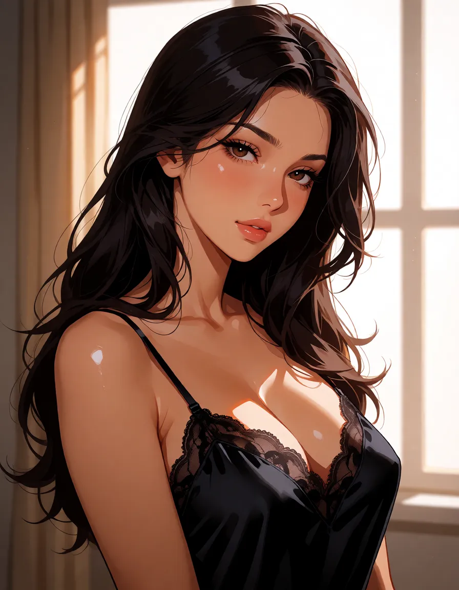 hentai anime art, a woman with long dark hair in a black silk slip, soft window light, shot on film, clean lineart, smooth cel shading, glossy highlights, saturated warm colour, drawn illustration, strikingly beautiful, radiant complexion, early twenties