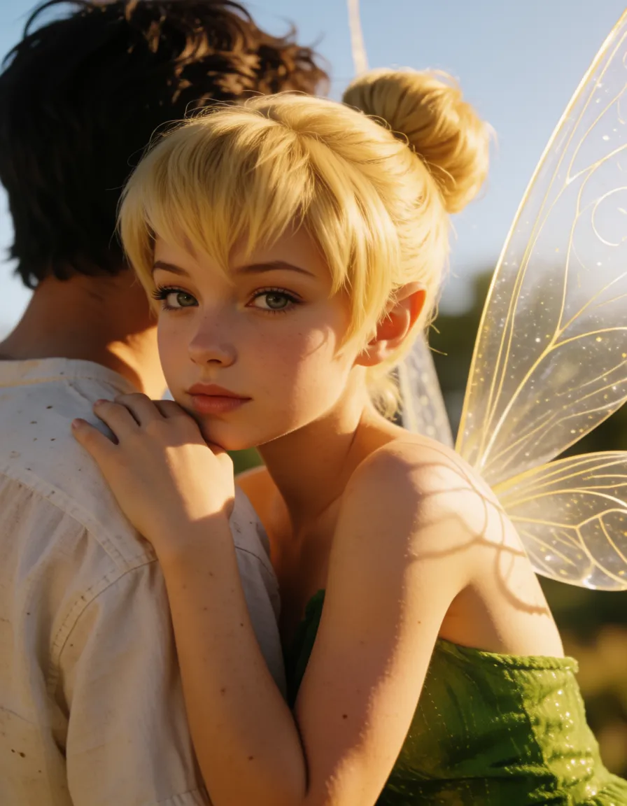 a photograph, Style manga réaliste. Une petite fée blonde prise par derrière par un humain., warm golden afternoon daylight, soft natural shadows, warm amber tones, gentle contrast, fine film grain, smooth clear skin, strikingly beautiful, radiant complexion, early twenties
