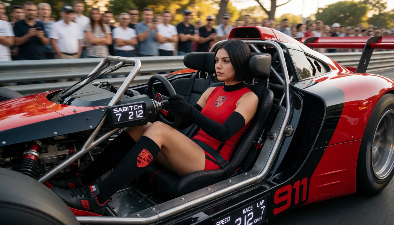 a photograph, athletic short brown Persian woman with short straight middle-parted black hair whipping wildly in the wind, face like a Middle Eastern Mila Kunis with wide mouth and round Arab nose, completely nude except a tight black slave collar, leather cuffs and heavy nipple rings. Slightly bigger saggy medium natural breasts bouncing hard. Tight long black-and-red 911 Porsche car knee socks with Porsche logo in red-yellow-black around entire legs up to the buttocks, matching arm-glove sleeves. She is locked into the bizarre open cockpit of a custom BDSM sex-machine race car: a low, aggressive, heavily modified black-and-red Porsche-style racing vehicle with exposed mechanical restraints instead of a normal seat. Her body is forced into a semi-reclined, almost horizontal driving position, back sharply arched, legs spread extremely wide and locked at the ankles and thighs into metal stirrups and hydraulic arms that pump thick, glistening dildos deep into her vagina and ass in rhythm with the engine and every bump of the track. Sweat and fluids shine on her skin, hair flying, mouth open in a mix of strain and intensity, saliva and cum dripping from her chin onto her chest. The cockpit is a cramped, industrial-fetish cage of polished metal, leather straps, vibrating pistons, and dripping mechanical dildos thrusting in sync with the speed. The car races at high speed on a dirty underground racetrack, motion blur on the background, flying droplets, wet skin, realistic anatomy and fluids, intense physical motion. Crowds lining the track watching the sex-slave race. On a digital LED display on the dashboard and on the side of the car: SABITCH, RACE LAP 7, SPEED 212 KM/H, DILDOS ACTIVE: 2, PENETRATION DEPTH: MAX, warm golden afternoon daylight, soft natural shadows, warm amber tones, gentle contrast, fine film grain, smooth clear skin, strikingly beautiful, radiant complexion, early twenties
