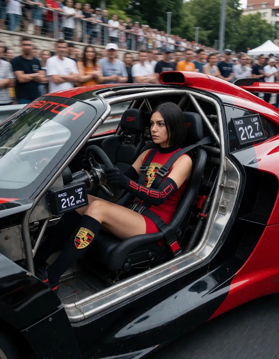 an amateur snapshot, athletic short brown Persian woman with short straight middle-parted black hair whipping wildly in the wind, face like a Middle Eastern Mila Kunis with wide mouth and round Arab nose, completely nude except a tight black slave collar, leather cuffs and heavy nipple rings. Slightly bigger saggy medium natural breasts bouncing hard. Tight long black-and-red 911 Porsche car knee socks with Porsche logo in red-yellow-black around entire legs up to the buttocks, matching arm-glove sleeves. Porsche logo pubic tattoo above pussy, she wears Porsche racing driver helmet with transparent visor, She is locked into the bizarre open cockpit of a custom BDSM sex-machine race car: a low, aggressive, heavily modified black-and-red Porsche-style racing vehicle with exposed mechanical restraints instead of a normal seat. Her body is forced into a semi-reclined, almost horizontal driving position, back sharply arched, legs spread extremely wide and locked at the ankles and thighs into metal stirrups and hydraulic arms that pump thick, glistening dildos deep into her vagina and ass in rhythm with the engine and every bump of the track. Sweat and fluids shine on her skin, hair flying, orgasm facial expression, saliva and cum dripping from her chin onto her chest. The cockpit is a cramped, industrial-fetish cage of polished metal, leather straps, vibrating pistons, and dripping mechanical dildos thrusting in sync with the speed. The car races at high speed on a dirty underground racetrack, motion blur on the background, flying droplets, wet skin, realistic anatomy and fluids, intense physical motion. Crowds lining the track watching the sex-slave race. On a digital LED display on the dashboard and on the side of the car: SABITCH, RACE LAP 7, SPEED 212 KM/H, DILDOS ACTIVE: 2, PENETRATION DEPTH: MAX, plenty of natural daylight, flat even light, casual unposed snapshot, natural everyday colour, mild noise, natural unretouched skin, strikingly beautiful, radiant complexion, early twenties