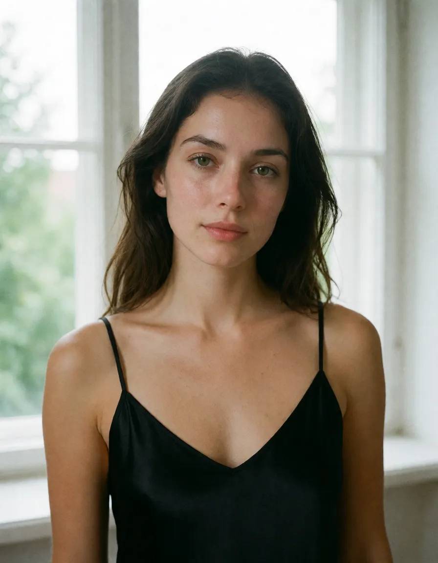 an amateur snapshot, a woman with long dark hair in a black silk slip, soft window light, shot on film, plenty of natural daylight, flat even light, casual unposed snapshot, natural everyday colour, mild noise, natural unretouched skin, strikingly beautiful, radiant complexion, early twenties
