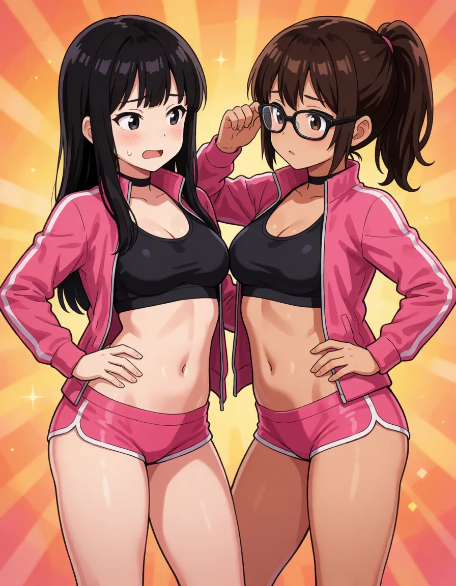 hentai anime art, multiple heads, conjoined twins, two heads sharing one body, interracial, two-tone skin, split-colored skin, split-color body, small height asian milf, black hair, brown hair ponytail, tsurime, freckles, body freckles, first head nervously looking at second one, second head smug tongue out, parted lips, beautiful lips, black sport bra, cleavage, pink sport jackets, micro shorts, skindentation, heart chokers, glasses, big chubby belly, (gigantic sagging breasts, huge natural perky breasts:1.4), small breast, absurdly huge asymmetrical breast out, fat, bbw, standing, contrapposto, hand on hip, one hand up, tired after training, gym,, clean lineart, smooth cel shading, glossy highlights, saturated warm colour, drawn illustration, strikingly beautiful, radiant complexion, early twenties