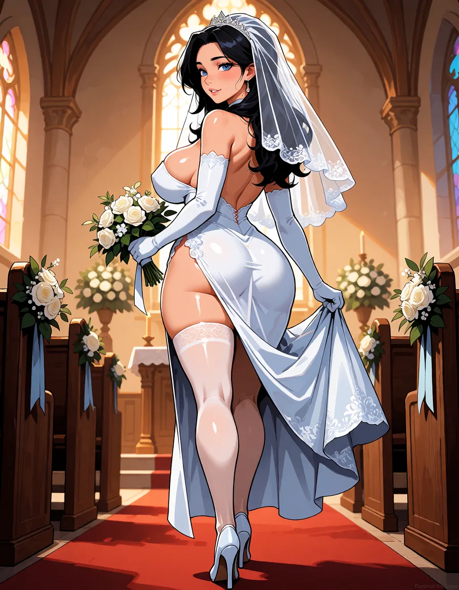 hentai anime art, Brunette, Bride, curvy, bridal veil, long gloves, slit bride dress, stockings, hugh heels, church, walking, from from_behind,, clean lineart, smooth cel shading, glossy highlights, saturated warm colour, drawn illustration, strikingly beautiful, radiant complexion, early twenties