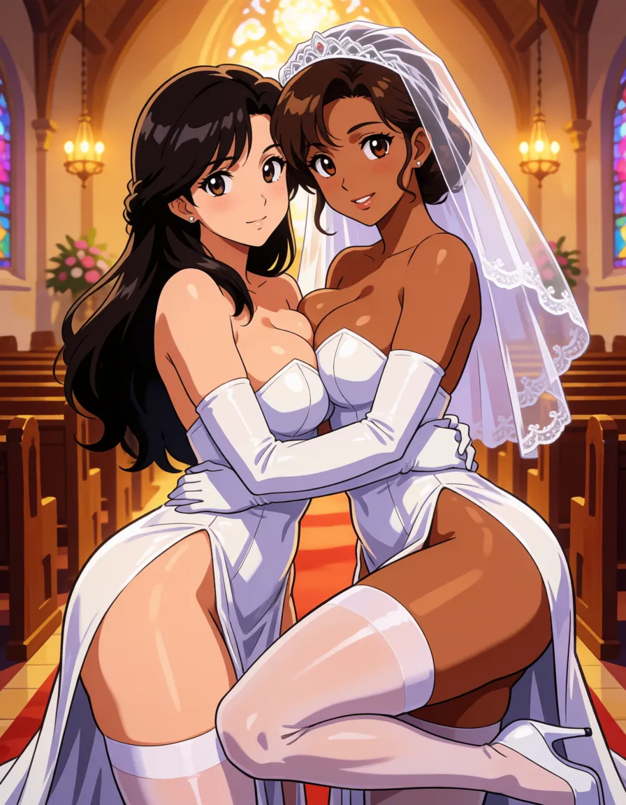 hentai anime art, 1man,1woman, Brunette, Bride, curvy, bridal veil, long gloves, slit bride dress, stockings, hugh heels, church, sex, sex_from_behind, hugs, ,, clean lineart, smooth cel shading, glossy highlights, saturated warm colour, drawn illustration, strikingly beautiful, radiant complexion, early twenties