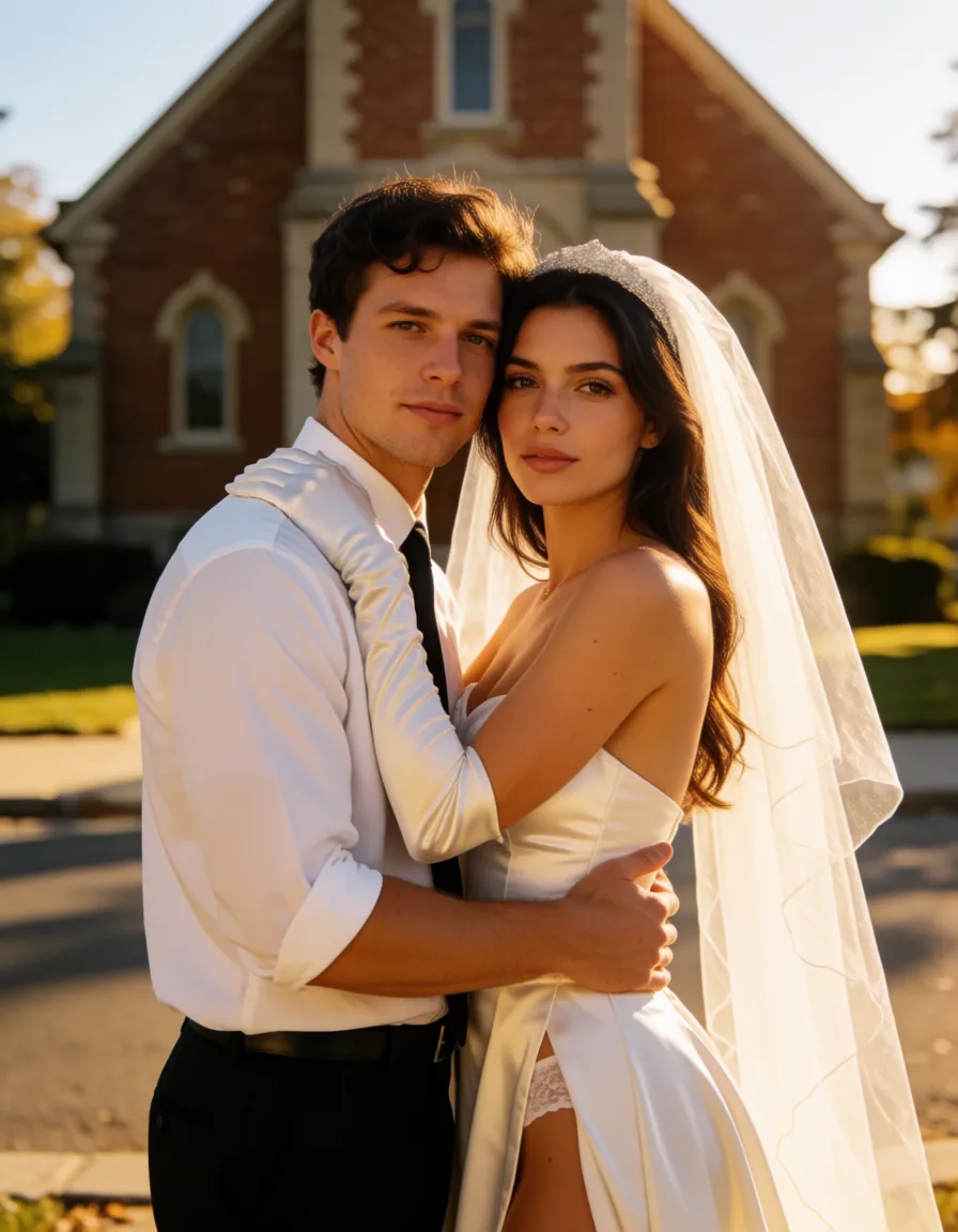 a photograph, 1man,big cock, 1woman, Brunette, Bride, curvy, bridal veil, long gloves, slit bride dress, stockings, hugh heels, church, sex, sex_from_behind, hugs,penetration, warm golden afternoon daylight, soft natural shadows, warm amber tones, gentle contrast, fine film grain, smooth clear skin, strikingly beautiful, radiant complexion, early twenties