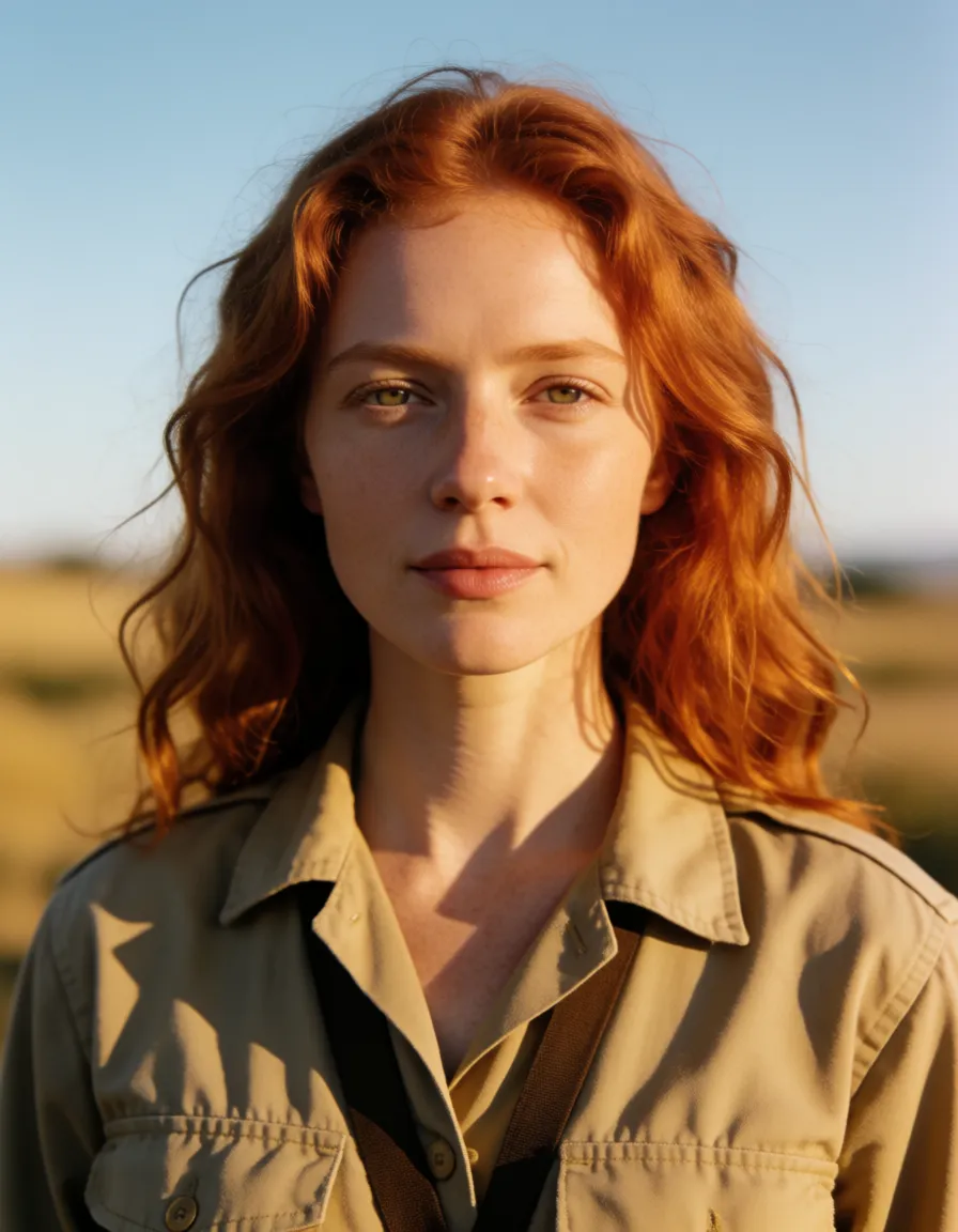 a photograph, highly detailed, natural lighting, wide shot, redhead woman, missionary, breasts, dominant stare, hyperrealistic, warm golden afternoon daylight, soft natural shadows, warm amber tones, gentle contrast, fine film grain, smooth clear skin, strikingly beautiful, radiant complexion, early twenties