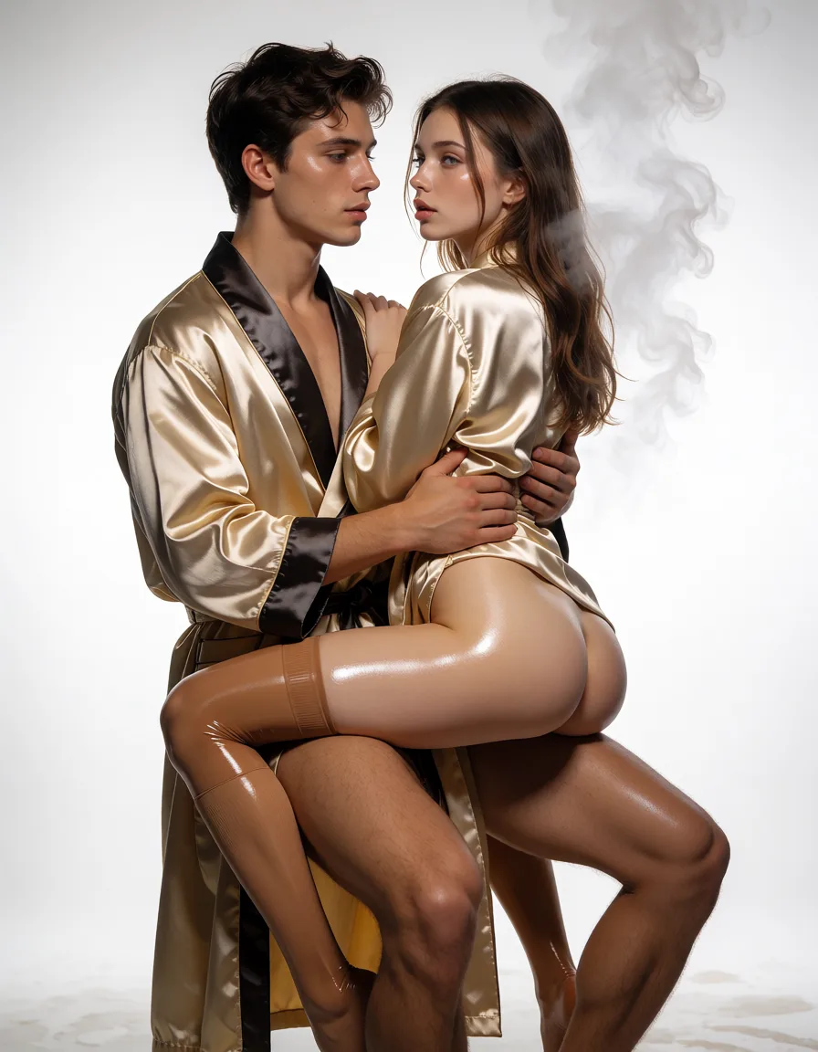 a studio photograph, SEED=551510; NSFW. Фантастическая картина акрилом в максимально откровенном стиле Agostino Carracci. В сауне на полке сидит молодой, симпатичный парень в шелковом халате. Молодая, худенькая, стройная девушка в шелковом халате, чулках насыщенного телесного цвета с резинкой выше колен сидит на бёдрах у парня повернувшись к нему сидит спиной в позе наездницы! Парень обнимает девушку за талию. Освещение нейтральное, яркое, объёмное, контровое. На фоне небольшая дымка. Вся открытая кожа блестит, как будто светится. Эмоции зашкаливают. Высокохудожественная современная европейская эстетика., even shadowless studio light, plain white background, clean rich colour, flawless polished skin, strikingly beautiful, radiant complexion, early twenties