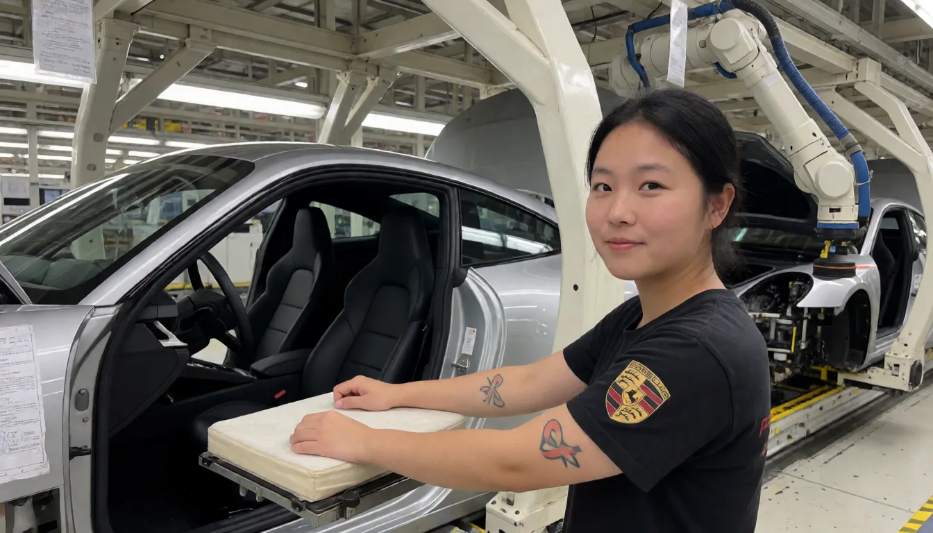 an amateur snapshot, Naked brown woman tight leather collar strapped to machine kneeling on top of assembly line, stationary restraint, skinny, bdsm, crawled together knees to boobs, boobs to knees ass high up, feet cuffed and bound, straight black hair having an orgasm, inside car factory, nipple rings connected to wire pulling nipples down, car factory machine arm puts big rippled rod deep in her pussy fucks her, Porsche car factory, Porsche logo, head down, kneeling on small padding platform, looking into camera, robot spray machine arm sprays her ass with liquid, straps holds her neck in place, belt around her waist pulling her down forces her to arch her back, arching her back pushing her ass out, arms cuffed and bound, arms pulled flat in front of her, machine pulling her arms, face on padding, hair in bun, Porsche 911 logo tattoo on her upper arm,, plenty of natural daylight, flat even light, casual unposed snapshot, natural everyday colour, mild noise, natural unretouched skin, strikingly beautiful, radiant complexion, early twenties