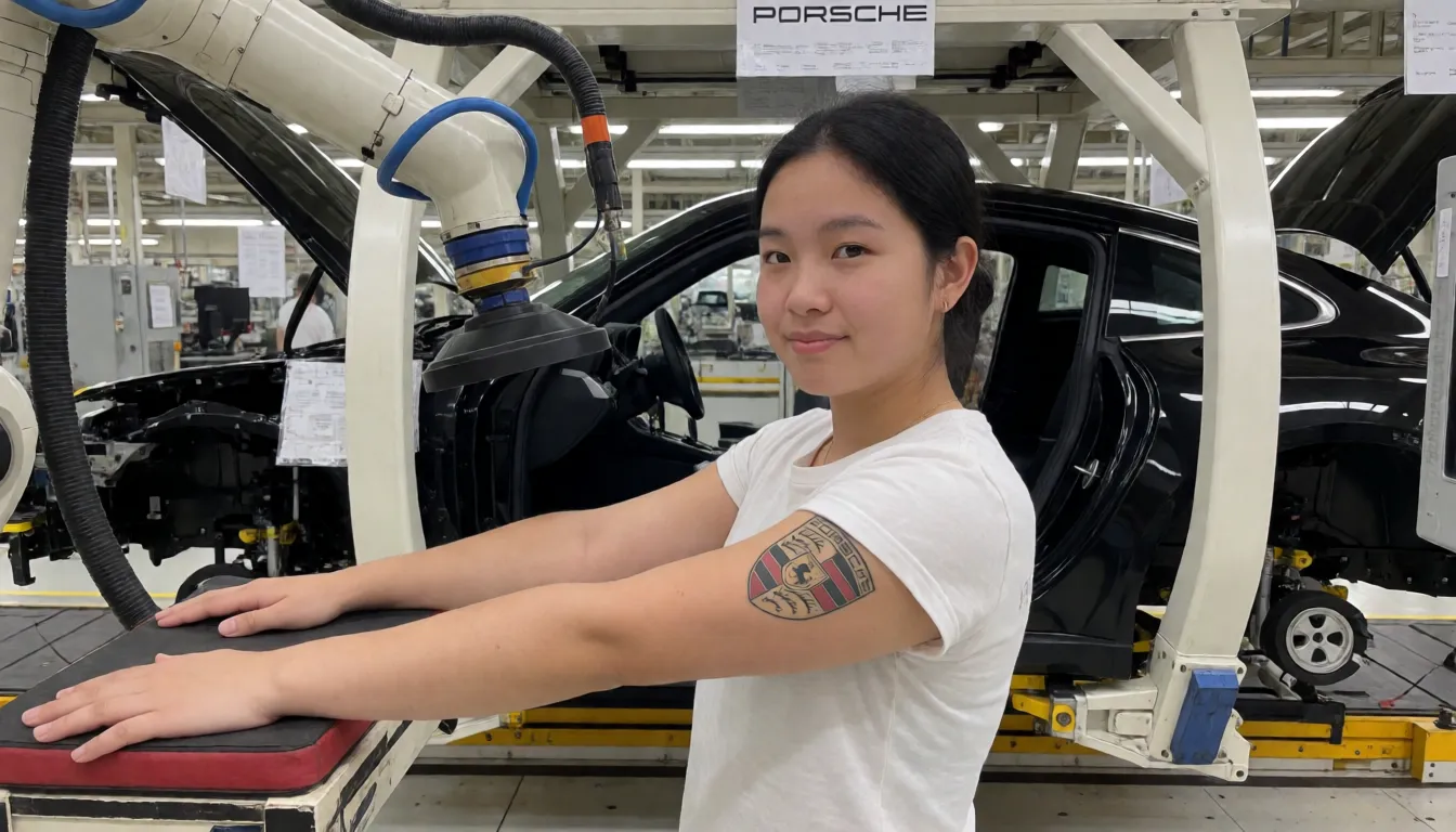 an amateur snapshot, Naked brown latina woman tight leather collar strapped to machine kneeling on top of assembly line, stationary restraint, skinny, bdsm, crawled together knees to boobs, boobs to knees, ass high up, feet cuffed and bound, straight black hair having an orgasm, inside car factory, nipple rings connected to wire pulling nipples down, car factory machine arm puts big rippled rod deep in her pussy fucks her, Porsche car factory, Porsche logo, head down, kneeling on small padding platform, looking into camera, robot spray machine arm sprays her ass with liquid, straps holds her neck in place, belt around her waist pulling her down forces her to arch her back, arching her back pushing her ass out, arms cuffed and bound, arms pulled flat in front of her, machine pulling her arms, face on padding, hair in bun, Porsche 911 logo tattoo on her upper arm,, plenty of natural daylight, flat even light, casual unposed snapshot, natural everyday colour, mild noise, natural unretouched skin, strikingly beautiful, radiant complexion, early twenties