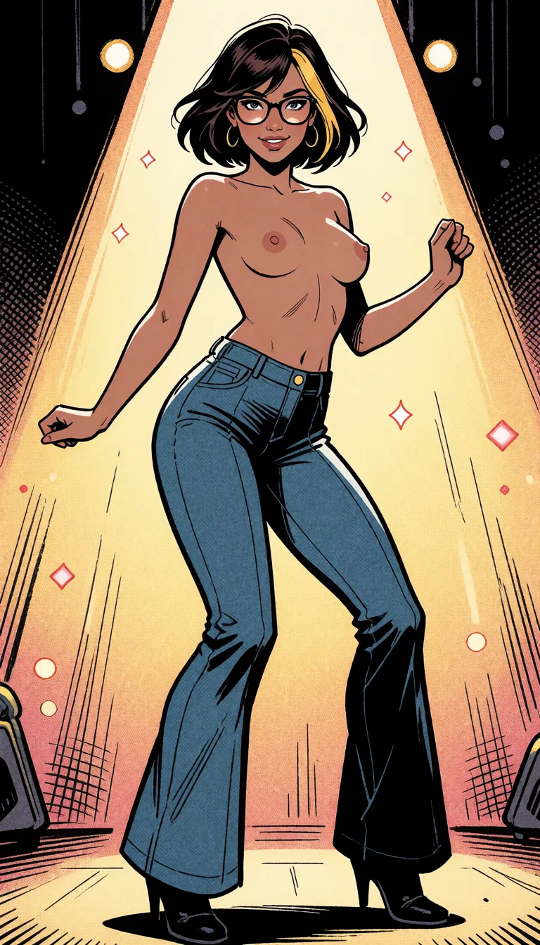 comic book art, short, slim brunette with a highlighted strand in her shoulder-length hair, medium-sized bust, and wearing glasses; she is dancing on stage, topless and in bell-bottom trousers., bold black ink outlines, halftone dot shading, cross hatched shadows, flat four colour print palette, hard high contrast comic inking, printed comic page, strikingly beautiful, radiant complexion, early twenties