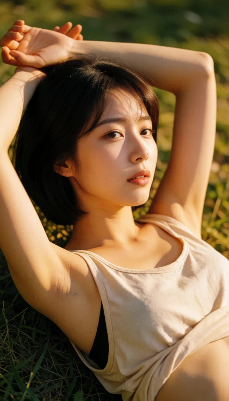 a photograph, Beautiful Korean woman, bob hair, tank top rolled over tits, big tits, lying on grass, sex, pov, missionary, penis enter pussy, closed_eyes, head turn side, moaning, arms up, cum_in_pussy, sperm massive load from pussy,, warm golden afternoon daylight, soft natural shadows, warm amber tones, gentle contrast, fine film grain, smooth clear skin, strikingly beautiful, radiant complexion, early twenties