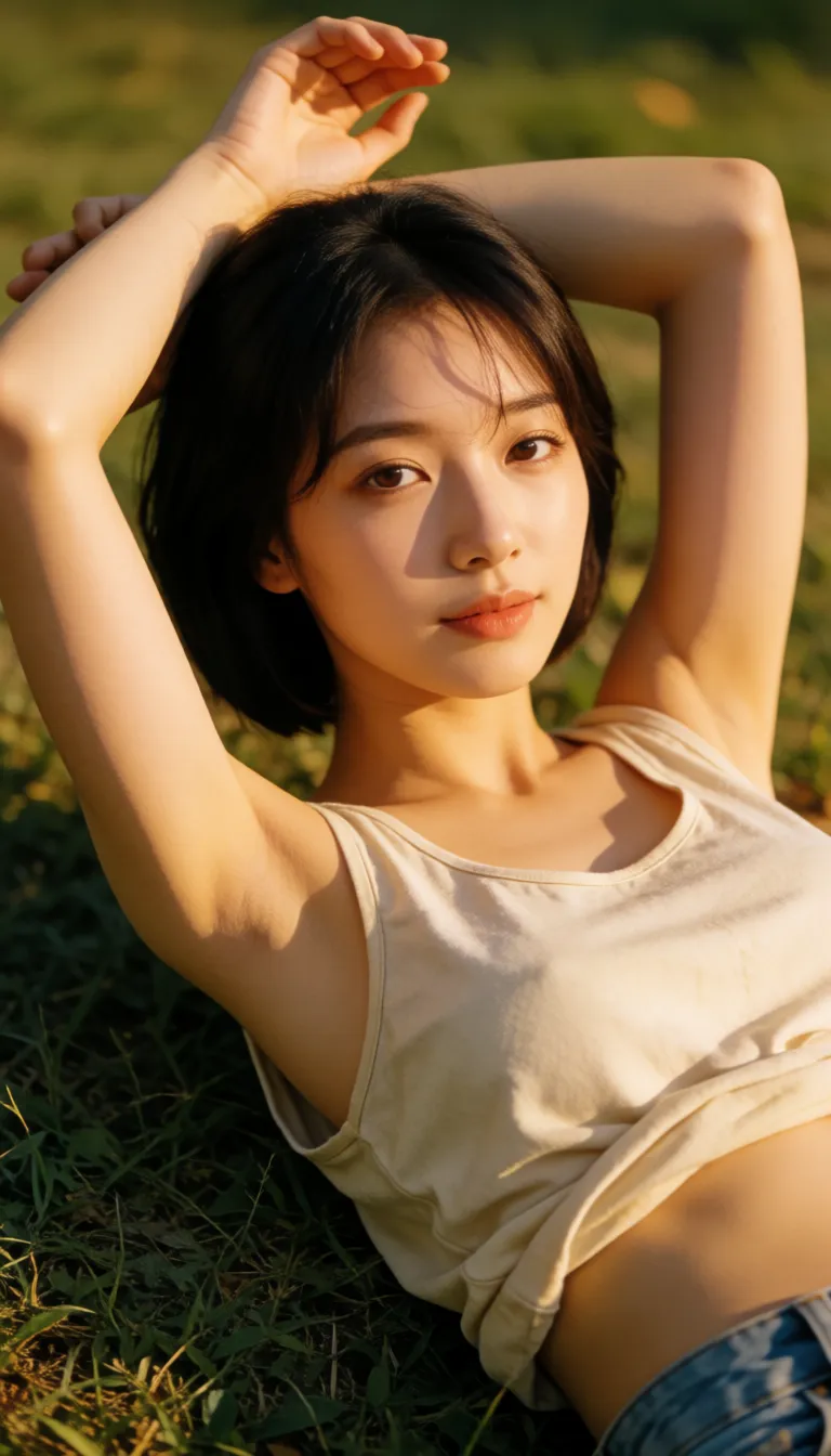 a photograph, Beautiful Korean woman, bob hair, tank top rolled over tits, big tits, lying on grass, sex, pov, missionary, penis enter pussy, closed_eyes, head turn side, moaning, arms up, cum_in_pussy, sperm load from pussy,, warm golden afternoon daylight, soft natural shadows, warm amber tones, gentle contrast, fine film grain, smooth clear skin, strikingly beautiful, radiant complexion, early twenties