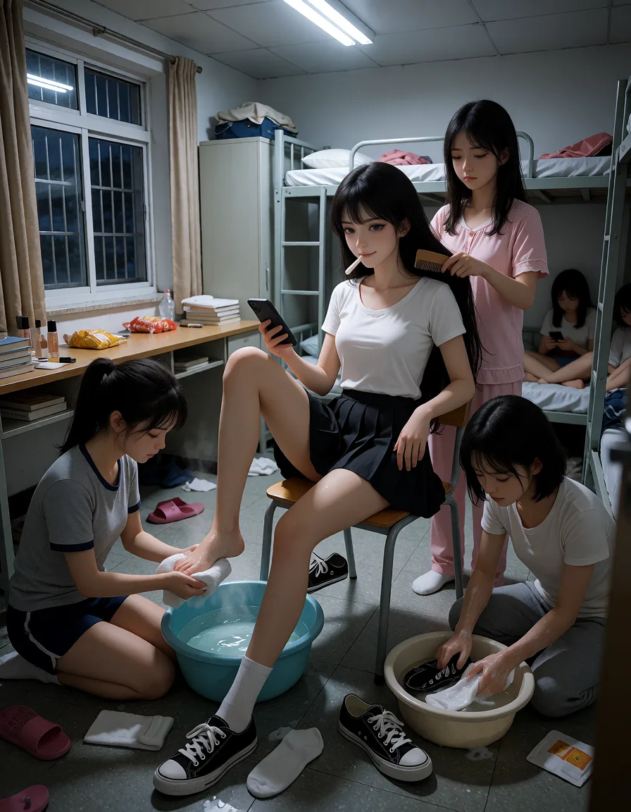 a photograph, **风格：** 超写实摄影，raw photo，8K，胶片颗粒，自然光影，电影感，非动画非卡通非3D渲染。中国东亚面孔，黑发黑眼。
**场景：** 中国某高级中学女生宿舍内部，空间不大，铁架上下铺，床铺凌乱。靠窗有一张长桌，桌上堆着课本、化妆品和零食袋。墙角立着简易衣柜，地面是灰色瓷砖，有拖鞋和杂物散落。傍晚时分，窗外透进冷白色路灯光，室内顶灯也开着，光线偏冷。整体氛围压抑，带有一种恃强凌弱的紧张感。
**主体人物1（轩亦夏）：** 中国少女，身高约170cm，身材高挑纤细，比例极佳。黑长直发柔顺垂落至腰际，空气刘海，脸型小巧圆润，大眼睛长睫毛，皮肤白皙透亮，五官精致可爱。神情冷艳轻蔑，嘴角微扬，带着一抹居高临下的冷笑。她坐在宿舍唯一的靠背椅上，翘着二郎腿，姿态张扬跋扈。上身穿着白色短袖T恤，领口微大，露出锁骨；下身黑色百褶超短裙，裙摆在大腿中部；双腿裸露，白皙修长；脚上穿着黑色低帮帆布鞋，白色棉袜已脱下一只，光着一只脚。一只手拿着手机正在刷，另一只手随意搭在扶手上。
**主体人物2（室友A）：** 中国少女，相貌普通，扎着马尾，穿着灰色校服短袖和深蓝色运动短裤。跪在轩亦夏脚边，面前放着一个塑料洗脚盆，盆里温水冒着热气。她双手捧着轩亦夏的左脚，正在用毛巾轻轻擦洗脚背和脚趾，低着头，表情隐忍而畏惧，眼角有泪痕。
**主体人物3（室友B）：** 中国少女，长发披肩，穿着粉色睡衣。站在轩亦夏身后，手持一把木梳，正在小心翼翼地给轩亦夏梳理长发。动作轻柔，表情紧张，嘴唇紧抿，不敢出声。
**主体人物4（室友C）：** 中国少女，短发，穿着白色T恤和灰色睡裤。蹲在墙角的水池边，面前是一个水盆，盆里泡着轩亦夏脱下的黑色帆布鞋和白色棉袜。她正用手搓洗鞋袜，肥皂泡沫沾满手指，低着头，表情屈辱，肩膀微微颤抖。
**动作细节：** 轩亦夏翘腿坐在椅子上，光着的左脚被室友A捧着洗，右脚穿着帆布鞋踩在室友A的膝盖上或地面上。她嘴里叼着棒棒糖，手机屏幕亮着，偶尔冷笑一声。室友B在她身后梳头，梳子从发根滑到发尾。室友C在水池边搓洗鞋袜，水盆里的水已经浑浊。轩亦夏的短裙因坐姿微微上移，露出大腿根部，整体气场压迫。宿舍其他角落还有两三个女生坐在床上，不敢出声，低头假装看书或玩手机。
**视角：** 中景，平视略低角度，从宿舍门口方向拍摄。镜头框住轩亦夏和三个室友，背景是宿舍内景。构图突出轩亦夏的中心地位和室友们的卑微姿态。
**光影：** 主光源为宿舍顶灯，冷白色，从上方打下，在轩亦夏脸上形成半明半暗的阴影，突出其冷艳。洗脚盆水面反光，梳子齿间有微光。室友们的脸在阴影中，表情模糊但能看出恐惧。窗外路灯光从防盗网缝隙透入，在地面投下条纹阴影。
**风格：** 超写实摄影，raw photo，8K，高细节，自然肤色，胶片质感，电影感，黑暗氛围，边缘锐利。所有人物均为中国东亚面孔，黑发黑眼，非外国人。轩亦夏呈现年轻可爱的少女感，但气场冷酷强大。
**负面提示：** 动画，卡通，3D渲染，插画，外国面孔，白人，黑人，成熟老气，皱纹，矮，腿短，五短身材，低分辨率，模糊，水印，文字，畸形手指，多余手指，棒棒糖变形，不自然光影。
**附加关键词：** 写实摄影，真人，中国少女，宿舍，作威作福，洗脚，梳头，洗鞋袜，帆布鞋，白棉袜，黑色百褶裙，白色T恤，棒棒糖，翘二郎腿，跪地，欺凌，冷艳，高挑，长腿，低角度，顶光，压抑氛围，葬月帮，轩亦夏。, warm golden afternoon daylight, soft natural shadows, warm amber tones, gentle contrast, fine film grain, smooth clear skin, strikingly beautiful, radiant complexion, early twenties