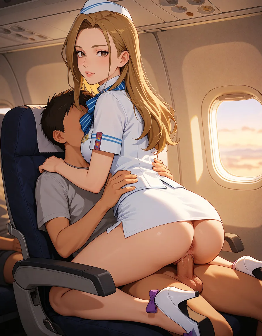 a photograph, cammy meele, ace attorney, 1woman, adult, long light brown hair, brown eyes, white stewardess uniform with blue accents, blue striped bow, white short skirt, white heels with purple bows, official art style, clean lines, cel shading
1woman, 1boy, airplane cabin, cammy meele reverse cowgirl on passenger, white skirt up, uniform open, long light brown hair, looking back, nsfw, explicit, warm golden afternoon daylight, soft natural shadows, warm amber tones, gentle contrast, fine film grain, smooth clear skin, strikingly beautiful, radiant complexion, early twenties