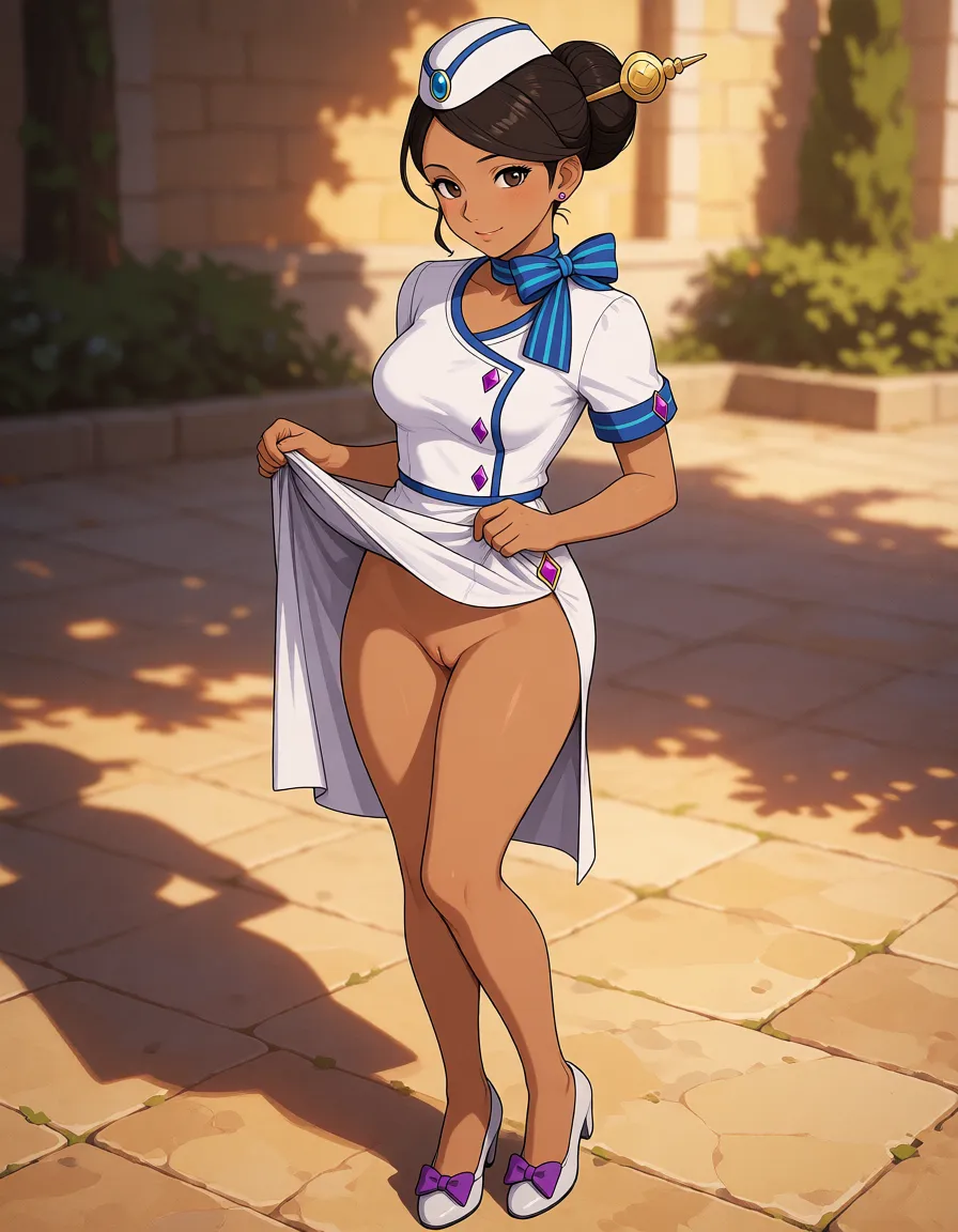a photograph, rhoda teneiro, ace attorney, 1woman, adult, dark hair in bun with hair ornament, brown eyes, white stewardess dress with blue trim and purple diamond buttons, blue striped bow, small white cap with blue gem, white dress with side slit, white heels with purple bows, official art style, clean lines, cel shading
1woman, solo, rhoda teneiro, standing, white dress lifted, no panties, pussy visible, dress open, breasts out, dark hair bun, nsfw, explicit, warm golden afternoon daylight, soft natural shadows, warm amber tones, gentle contrast, fine film grain, smooth clear skin, strikingly beautiful, radiant complexion, early twenties