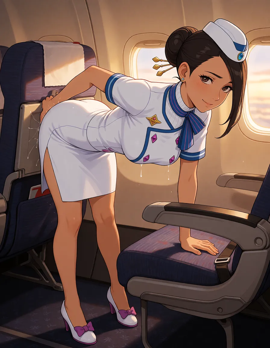 a photograph, rhoda teneiro, ace attorney, 1woman, adult, dark hair in bun with hair ornament, brown eyes, white stewardess dress with blue trim and purple diamond buttons, blue striped bow, small white cap with blue gem, white dress with side slit, white heels with purple bows, official art style, clean lines, cel shading
1woman, 1boy, airplane cabin, rhoda teneiro bent over seat, white dress up, fucked from behind, breasts hanging, dark hair bun, looking back, nsfw, explicit, doggy, warm golden afternoon daylight, soft natural shadows, warm amber tones, gentle contrast, fine film grain, smooth clear skin, strikingly beautiful, radiant complexion, early twenties