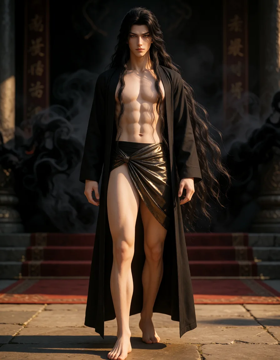 a photograph, **【画面风格与质感强约束】**顶级游戏CG建模,超写实真人摄影质感,电影级光影,解剖学比例正确的男性人体。画面中是一名中国东亚面孔的男性角色。画面中的人体解剖学结构完全正确,四肢数量正确,双手各有五指。画面排斥任何平滑的塑料感,排斥任何古代保守长袍。
**【主体人物面部与头发(极致俊美与长发的强约束)】**这名男性角色拥有一张**极其俊美、妖异、惊为天人的脸**。他的五官深邃如同精雕细琢的艺术品,剑眉星目,鼻梁极高挺,薄唇微微抿起。他的眼神极度危险、狂妄且傲慢,透着不可一世的魔主压迫感。这名男性角色留着一头**极其浓密、黑色的微卷长发**。**这头长发非常长,发丝完全垂落到他的腰部以下,甚至达到臀部的位置**。柔顺的长发自然地披散在他赤裸的双肩、胸膛两侧和后背上,发丝在光影中呈现出飘逸且略带湿润的真实质感。绝对禁止短发。
**【主体人物上半身着装(强制裸露约束)】**这名男性角色的上半身**完全赤裸**,完全没有穿任何内搭衬衫或内衣。他清晰地展现出赤裸的胸肌和八块腹肌,皮肤呈现冷白真实的肉体质感。他仅仅是在双肩外面**披着**一件黑色的长款风衣外套。这件黑色风衣外套完全没有扣上扣子,完全没有拉上拉链,风衣的左右两边完全向两侧敞开,绝对不遮挡他赤裸的胸膛和腹部。风衣的下摆垂落到他的脚踝处。
**【主体人物下半身着装(强制高开叉约束)】**这名男性角色的腰部到胯部位置,紧紧缠绕着一块金黑交织的金属光泽丝绸布料。这块腰布仅仅覆盖他的下半身重点部位,绝对不是宽大的裙子或围裙。这块金黑丝绸布料在胯部交叉打结,腰布的右侧下摆是极短的不对称剪裁,呈现出极高的高开叉。这块腰布完全裸露了他右侧的整条大腿,展现出他修长结实的右腿肌肉。
**【主体人物脚部】**这名男性角色的双脚完全赤裸,完全没有穿任何鞋袜。他的赤足真实地踩在地面上,脚趾骨骼和脚踝结构清晰真实。
**【场景环境与背景】**画面背景是一座暗黑魔幻风格的宫殿深处。背景中有巨大的石柱和暗红色的厚重地毯。宫殿深处弥漫着浓重的黑色魔气与烟雾,黑色雾气缭绕在背景中,烘托出魔王出场的压迫感。
**【镜头角度与光影】**全身镜头,从下往上略微仰拍。强烈的侧光从画面左侧打下,照亮他俊美无双的脸庞、赤裸的左胸肌肉和垂落的黑色长发,在他裸露的右侧大腿和背景中投下深邃的阴影。极强的明暗对比完美勾勒出他肌肉的立体感,完美展现黑风衣的布料垂坠感和金黑丝绸腰布的光泽。, warm golden afternoon daylight, soft natural shadows, warm amber tones, gentle contrast, fine film grain, smooth clear skin, strikingly beautiful, radiant complexion, early twenties