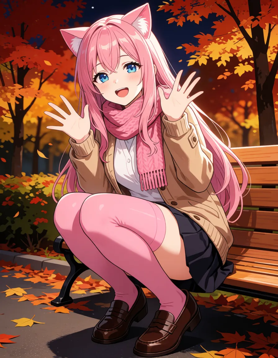 hentai anime art, naked happy anime woman with long pink hair with fake pink cat ears and pink scarf in pink thighhighs and brown loafers is squatting on the bench in autumn park and waving her hands and leaking pussy juice string on the road, exhibitionism, topless, bottomless, large breasts, pussy juice string, pussy juice drip, erected nipples, pink thighhighs, brown loafers, blue eyes, cute laughing smile, blushing face, heavy breathing,woman in full-length, full body, autumn park, night, uncensored, clean lineart, smooth cel shading, glossy highlights, saturated warm colour, drawn illustration, strikingly beautiful, radiant complexion, early twenties