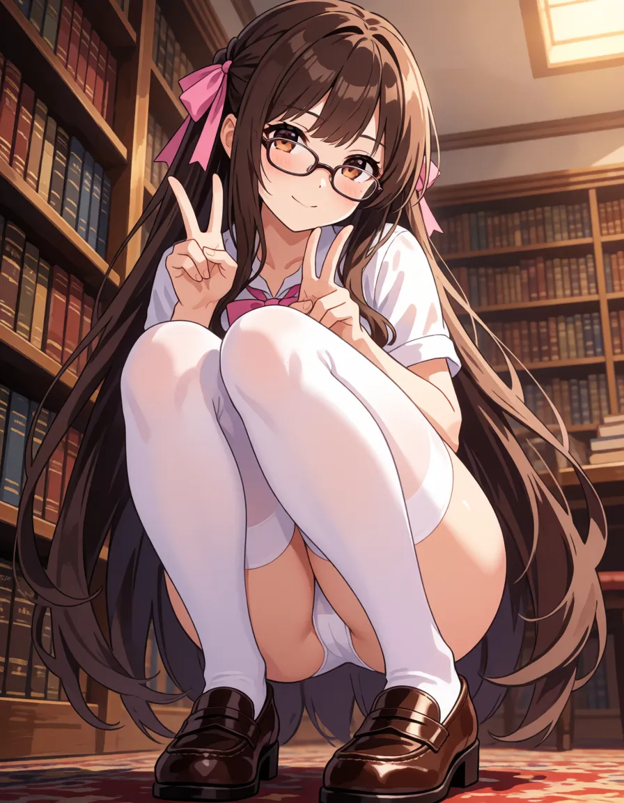 hentai anime art, naked cute anime woman with very long brown hair with pink ribbons and glasses in white thighhighs and brown loafers is squatting in library and doing double v and leaking pussy juice string on the floor, exhibitionism, topless, bottomless, pussy juice, pussy juice string, orgasm denial, very long brown hair, pink ribbon in hair, white thighhighs, brown loafers, blushing face, quiet smile, brown eyes,  large breasts,woman in full-length, full body, library, uncensored, clean lineart, smooth cel shading, glossy highlights, saturated warm colour, drawn illustration, strikingly beautiful, radiant complexion, early twenties