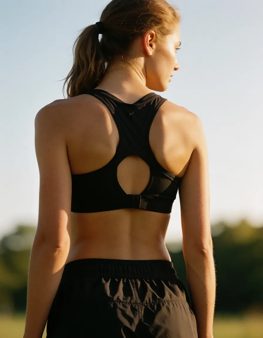 a photograph, Woman in running gear, c cup breasts, nipples must pokies must be visible, on all_fours facing away pants pulled down, asshole visible. She has one finger in her asshole, warm golden afternoon daylight, soft natural shadows, warm amber tones, gentle contrast, fine film grain, smooth clear skin, strikingly beautiful, radiant complexion, early twenties