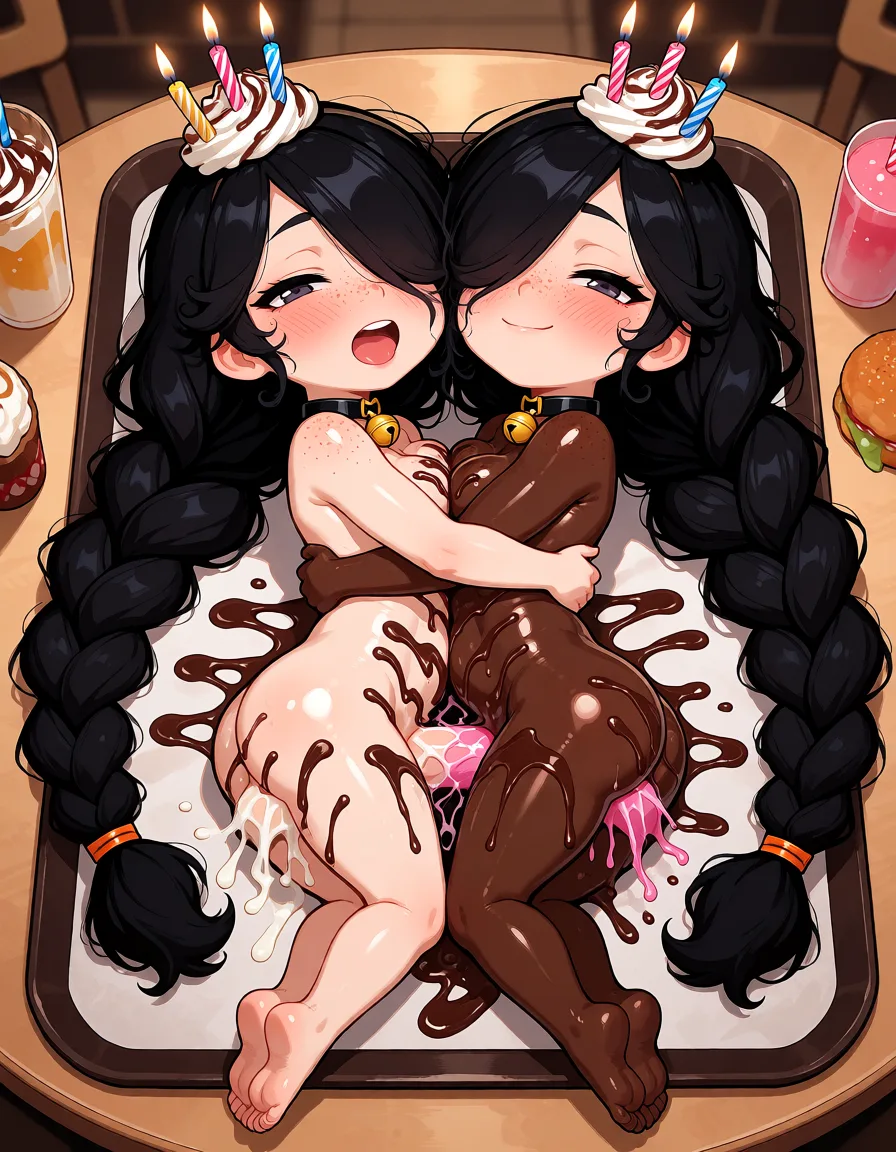 hentai anime art, cute twins sisters; black hair; hair over eye; curly hair; huge pigtails; huge long braids; body freckles; cute; small height mature females; cute big eyes; smug; open mouth; blushing; looking at viewer; small breasts; chests together; lying; soles; belly squeezed together; hugging; chocolate cover body; birthday candles; chocolate on body; whipped cream petrified; public vibrators insertion; lying on tray; food tray; on table; cat bell chokers; from above; cafe table;, clean lineart, smooth cel shading, glossy highlights, saturated warm colour, drawn illustration, strikingly beautiful, radiant complexion, early twenties