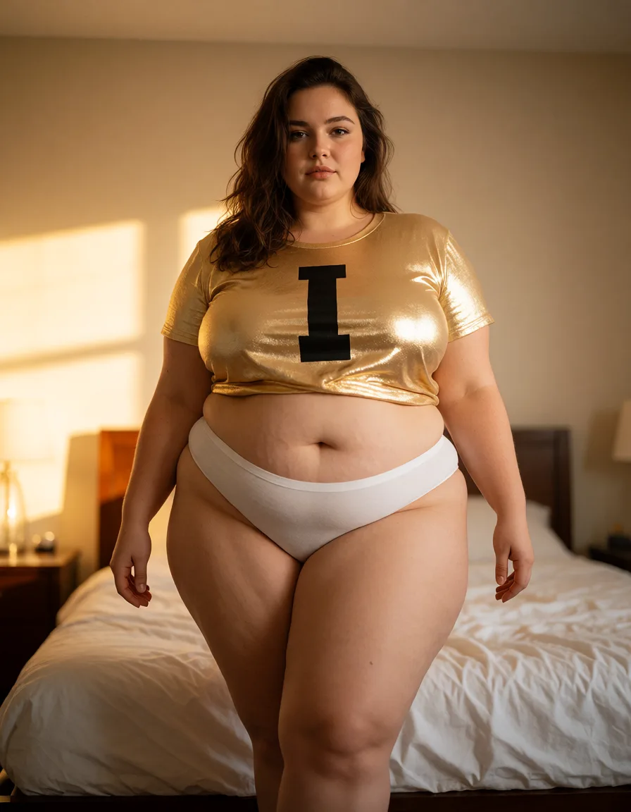 a photograph, overweight brown hair woman, chubby face, wide shoulders, large breasts, chubby belly, large thighs, large ass, white cotton panties, gold t-shirt fits loosely ends middle of belly with block letter "I" on front, posing in bedroom, arms hang loosely at sides, one leg slightly in front of other, soft light, front view, wide angle, full body shot, warm golden afternoon daylight, soft natural shadows, warm amber tones, gentle contrast, fine film grain, smooth clear skin, strikingly beautiful, radiant complexion, early twenties