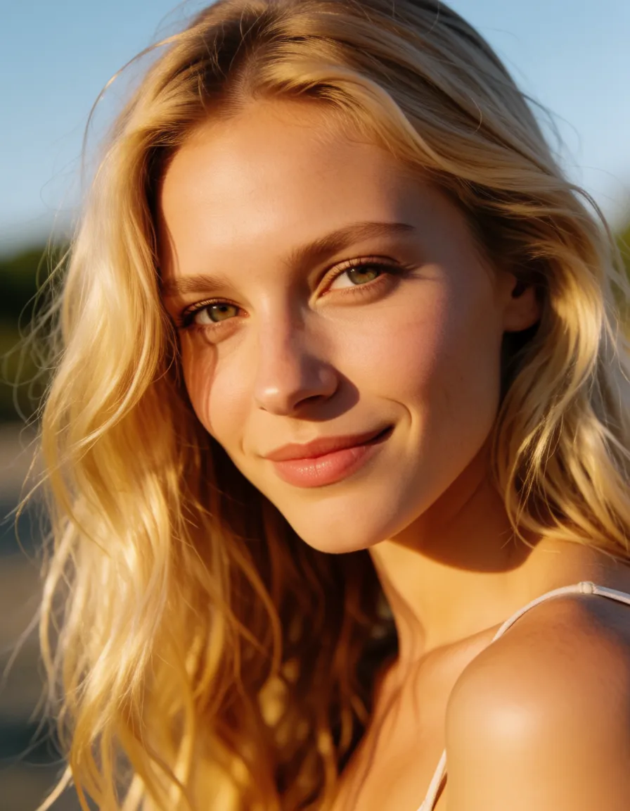 a photograph, blonde_hair, bdsm, nipples, pussy, red light, pained smile, warm golden afternoon daylight, soft natural shadows, warm amber tones, gentle contrast, fine film grain, smooth clear skin, strikingly beautiful, radiant complexion, early twenties