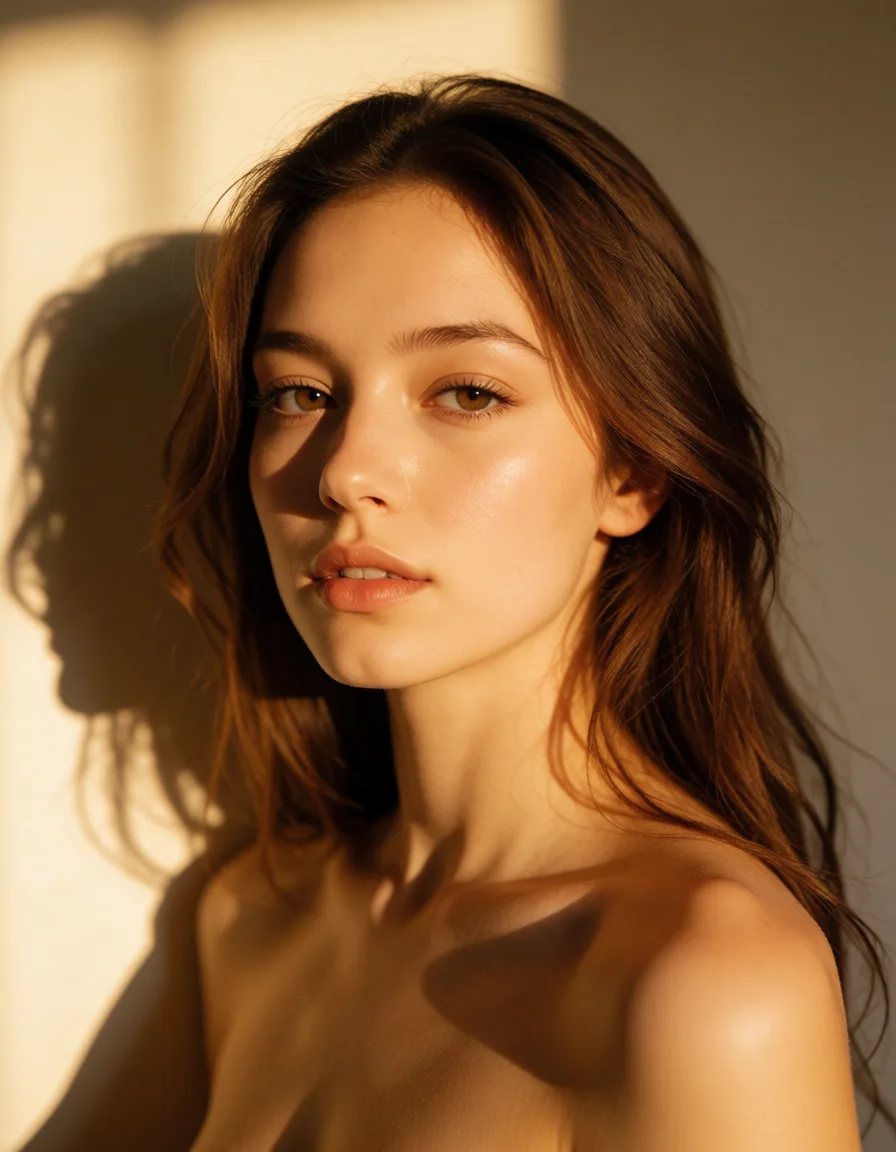 a photograph, revealing_clothes, warm golden afternoon daylight, soft natural shadows, warm amber tones, gentle contrast, fine film grain, smooth clear skin, strikingly beautiful, radiant complexion, early twenties