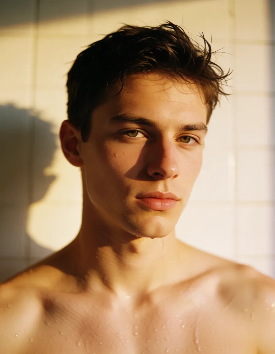 a photograph, show a 26 year old male under shower in complete view Washing his dick., warm golden afternoon daylight, soft natural shadows, warm amber tones, gentle contrast, fine film grain, smooth clear skin, strikingly beautiful, radiant complexion, early twenties