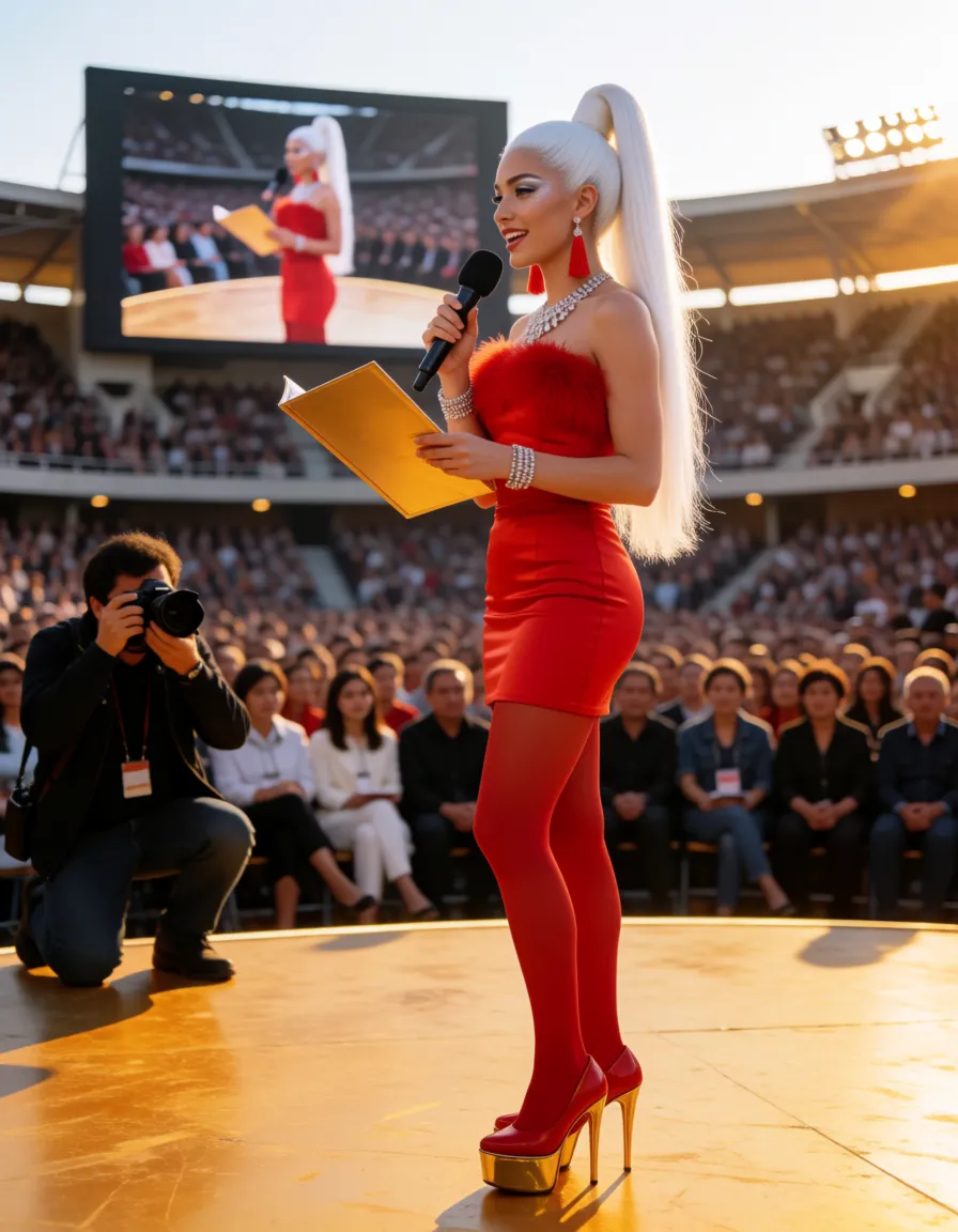 a photograph, BIMBOBOOBS with HUGE GIGANTIC BREASTS, a very slender waist in a red latex tube dress With a fluffy area around the décolleté , nude-colored shiny Tights, red shoes with extremely high gold heels and an extremely high gold platform, bright silver eyeshadow, big scarlet red lips, alabaster‑pink blush on the cheekbones, voluminous long eyelashes, Long white Straight hair tied up in a high ponytail, a voluminous fringecurled lock.large red tassel earrings, a massive diamond necklace, bracelets, very bright vulgar makeup.A large TV studio arena with a large screen in the background., a full auditorium.She is standing.She is holding a microphone in her hand and speaking into it.In the second hand, a golden document holder. Smile
Her breasts are the largest and most majestic in the world.
Her breasts are swollen to incredible, gigantic proportions.
Huge massive boobs.
Wide breasts.
The photographer with the camera is taking pictures of what’s happening.
Side view., warm golden afternoon daylight, soft natural shadows, warm amber tones, gentle contrast, fine film grain, smooth clear skin, strikingly beautiful, radiant complexion, early twenties