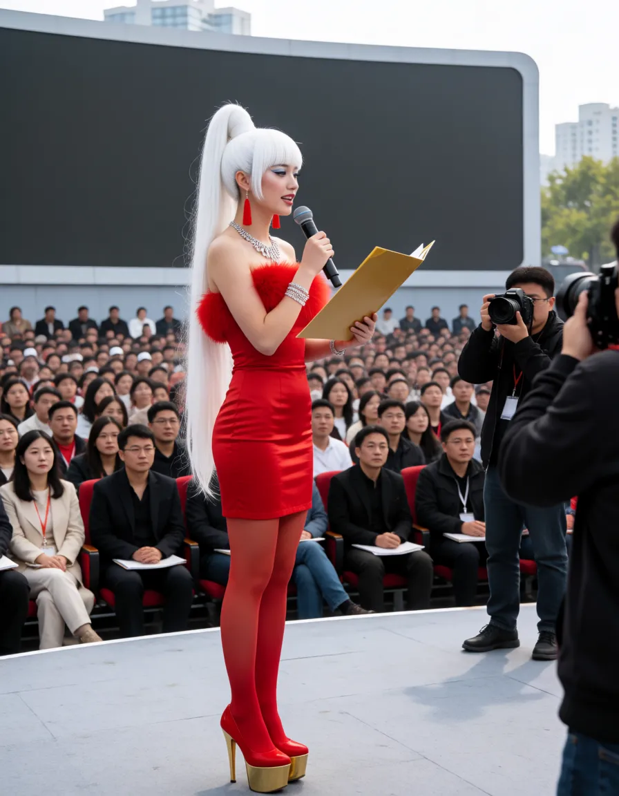 an amateur snapshot, BIMBOBOOBS with HUGE GIGANTIC BREASTS, a very slender waist in a red latex tube dress With a fluffy area around the décolleté , nude-colored shiny Tights, red shoes with extremely high gold heels and an extremely high gold platform, bright silver eyeshadow, big scarlet red lips, alabaster‑pink blush on the cheekbones, voluminous long eyelashes, Long white Straight hair tied up in a high ponytail, a voluminous fringecurled lock.large red tassel earrings, a massive diamond necklace, bracelets, very bright vulgar makeup.A large TV studio arena with a large screen in the background., a full auditorium.She is standing.She is holding a microphone in her hand and speaking into it.In the second hand, a golden document holder. Smile
Her breasts are the largest and most majestic in the world.
Her breasts are swollen to incredible, gigantic proportions.
Huge massive boobs.
Wide breasts.
The photographer with the camera is taking pictures of what’s happening.
Side view., plenty of natural daylight, flat even light, casual unposed snapshot, natural everyday colour, mild noise, natural unretouched skin, strikingly beautiful, radiant complexion, early twenties