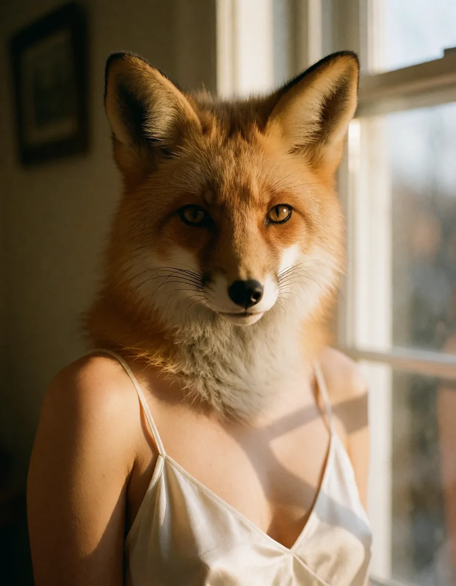 a photograph, Furry fox with horny eyes in a white silk slip, soft window light, shot on film creampie and cum_in_mouth, warm golden afternoon daylight, soft natural shadows, warm amber tones, gentle contrast, fine film grain, smooth clear skin, strikingly beautiful, radiant complexion, early twenties