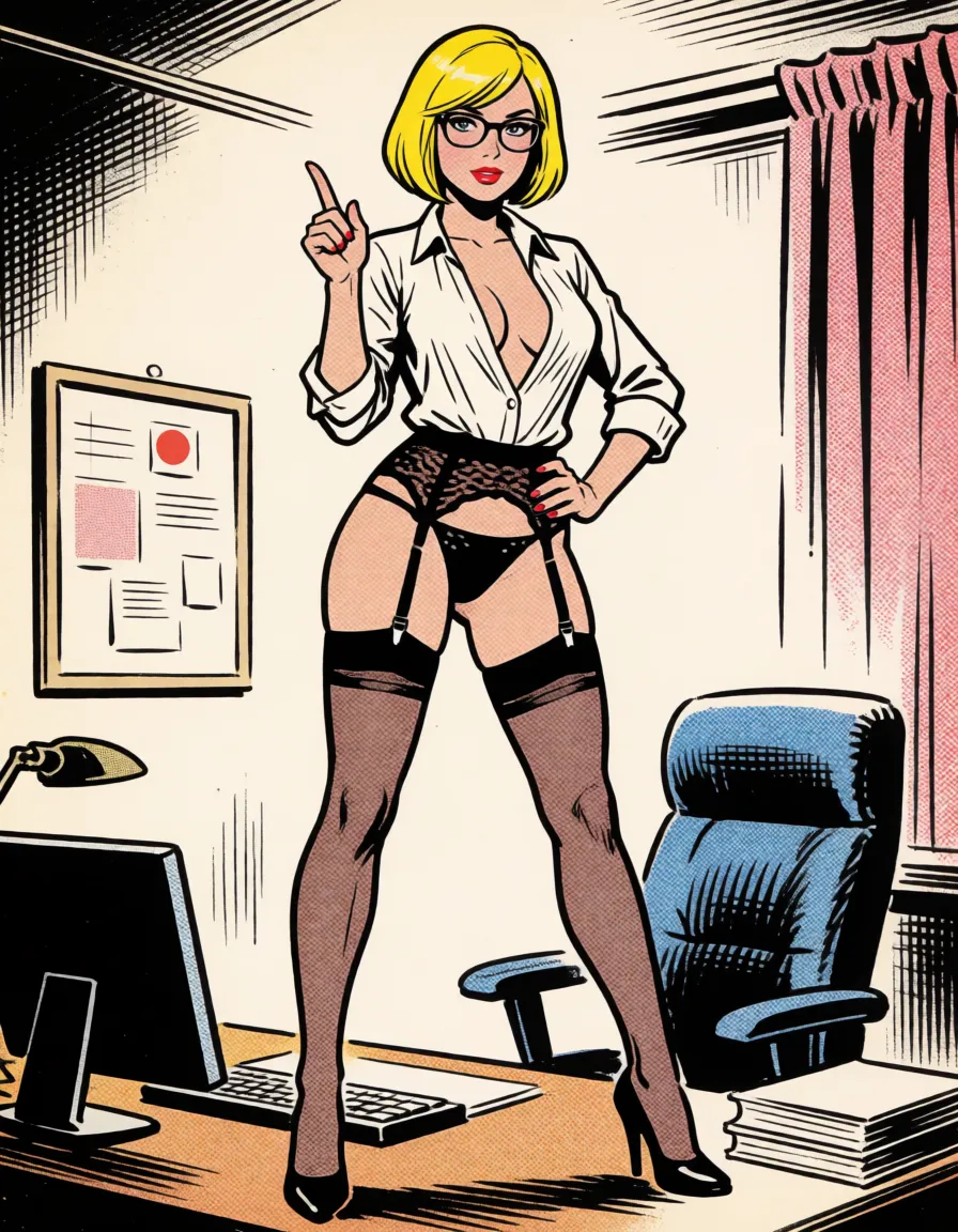 comic book art, A sexy office_lady female with blonde bobcut stands on a desk. Her breasts are perky. She wears a garter belt with stockings and high_heels . Her pubic_hair is trimmed. She beckons with her finger. She has a seductive look. She wears glasses. Her blouse is unbuttoned ., bold black ink outlines, halftone dot shading, cross hatched shadows, flat four colour print palette, hard high contrast comic inking, printed comic page, strikingly beautiful, radiant complexion, early twenties