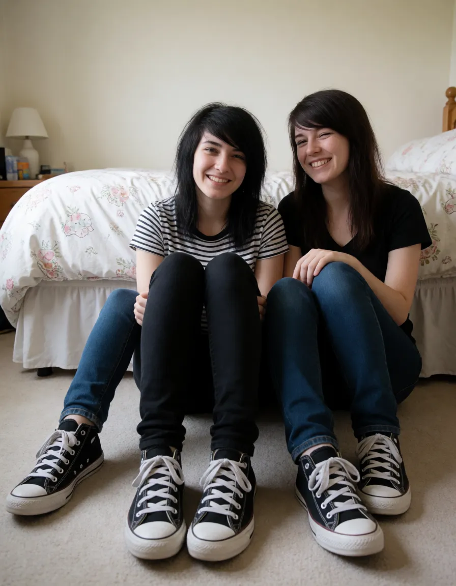 an amateur snapshot, emo, sitting, nude, trainers, shaved innie pussy, one_eye_closed, smile, leaning_back, bedroom on_floor, spreading_own_pussy, plenty of natural daylight, flat even light, casual unposed snapshot, natural everyday colour, mild noise, natural unretouched skin, strikingly beautiful, radiant complexion, early twenties
