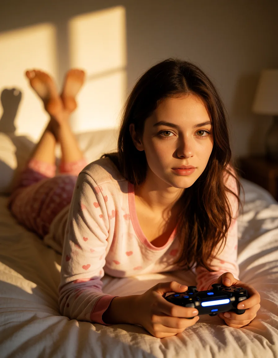 a photograph, Woman next door, 21yo, Slim frame gamer woman playing video games, wearing pajamas, laying on stomach, on bed, anal sex, warm golden afternoon daylight, soft natural shadows, warm amber tones, gentle contrast, fine film grain, smooth clear skin, strikingly beautiful, radiant complexion, early twenties
