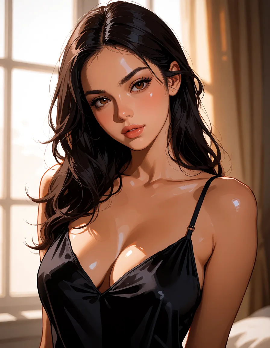 hentai anime art, a woman with long dark hair in a black silk slip, soft window light, shot on film, clean lineart, smooth cel shading, glossy highlights, saturated warm colour, drawn illustration, strikingly beautiful, radiant complexion, early twenties