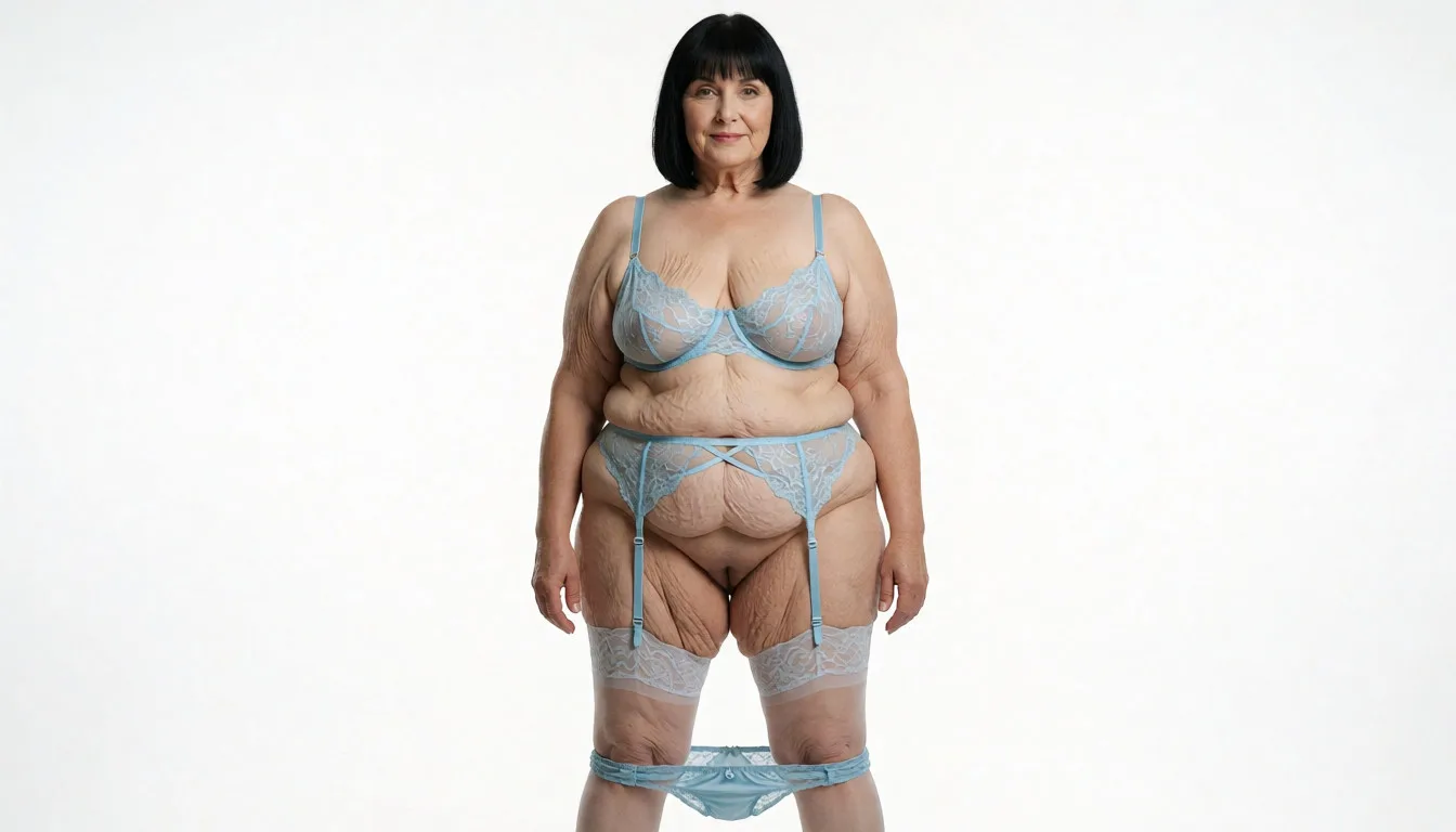 a studio photograph, A full-body portrait of a wrinkled flabby slightly chubby 66 year old woman with very pale skin, short straight dark black hair featuring straight bangs, a sexy facial expression with closed mouth and direct gaze toward the viewer, brown eyes, standing centered in the frame with her shoulders relaxed and chubby flabby wrinkled arms hanging naturally at her sides with hands relaxed, wearing a loose fitting light blue lace bra with thin straps, a matching light blue lace garter belt with crisscross straps attached to sheer white stockings with lace tops that highlights her chubby flabby thighs and fat knees, her upper thighs have cellulite, the bra and garter belt sheer and semi-transparent revealing the wrinkled cleavage of her deflated very saggy natural medium sized breasts with stretch marks and fine wrinkles, a very saggy flabby chubby bottom heavy muffin top belly with stretch marks and love handles, narrow hips with dips, her body facing forward in a neutral pose with legs straight and slightly spread open, her blue silk panties are pulled down to her knees revealing the pubic hair on her vagina, her entire head, torso legs and feet can be seen., even shadowless studio light, plain white background, clean rich colour, flawless polished skin, strikingly beautiful, radiant complexion, early twenties