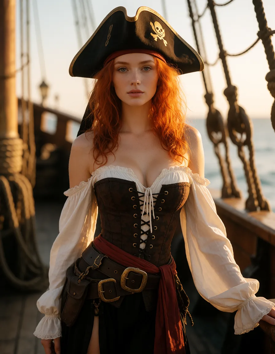 a photograph, A beautiful, sexy, slender woman with red hair, wearing a pirate costume and a pirate tricorne hat, on a ship, full‑length., warm golden afternoon daylight, soft natural shadows, warm amber tones, gentle contrast, fine film grain, smooth clear skin, strikingly beautiful, radiant complexion, early twenties