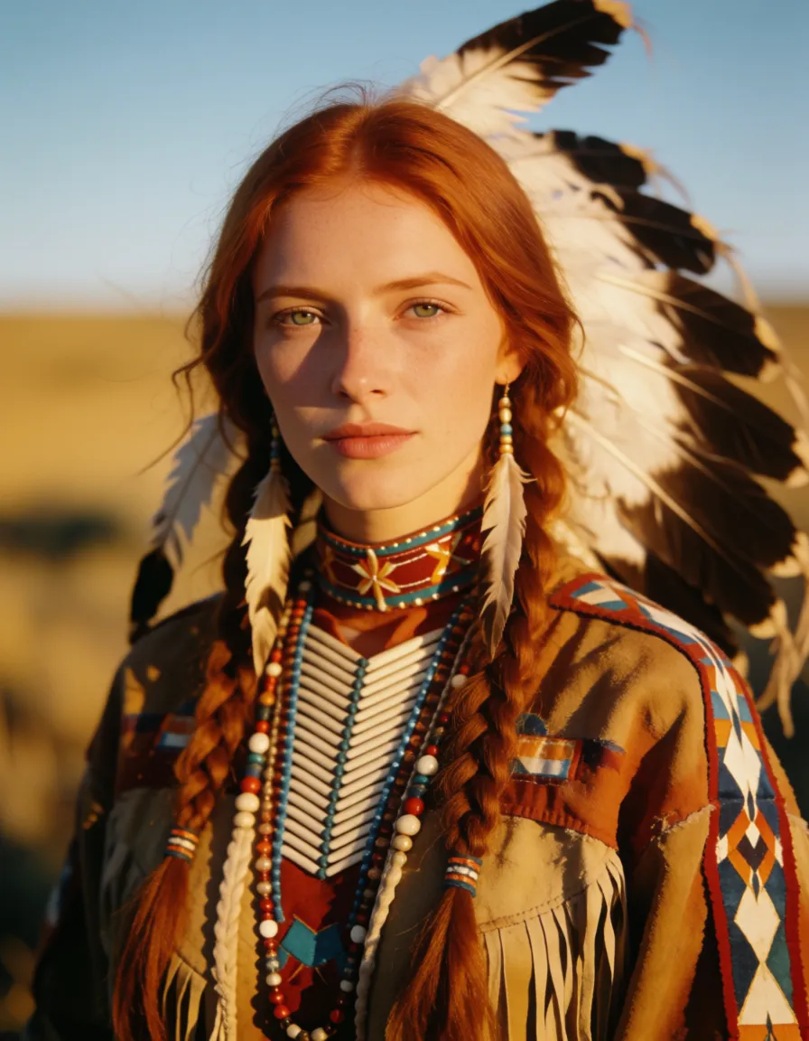 a photograph, A beautiful, sexy, slender woman with red hair, dressed in traditional Native American attire, is having sex with a man in the cowgirl position., warm golden afternoon daylight, soft natural shadows, warm amber tones, gentle contrast, fine film grain, smooth clear skin, strikingly beautiful, radiant complexion, early twenties