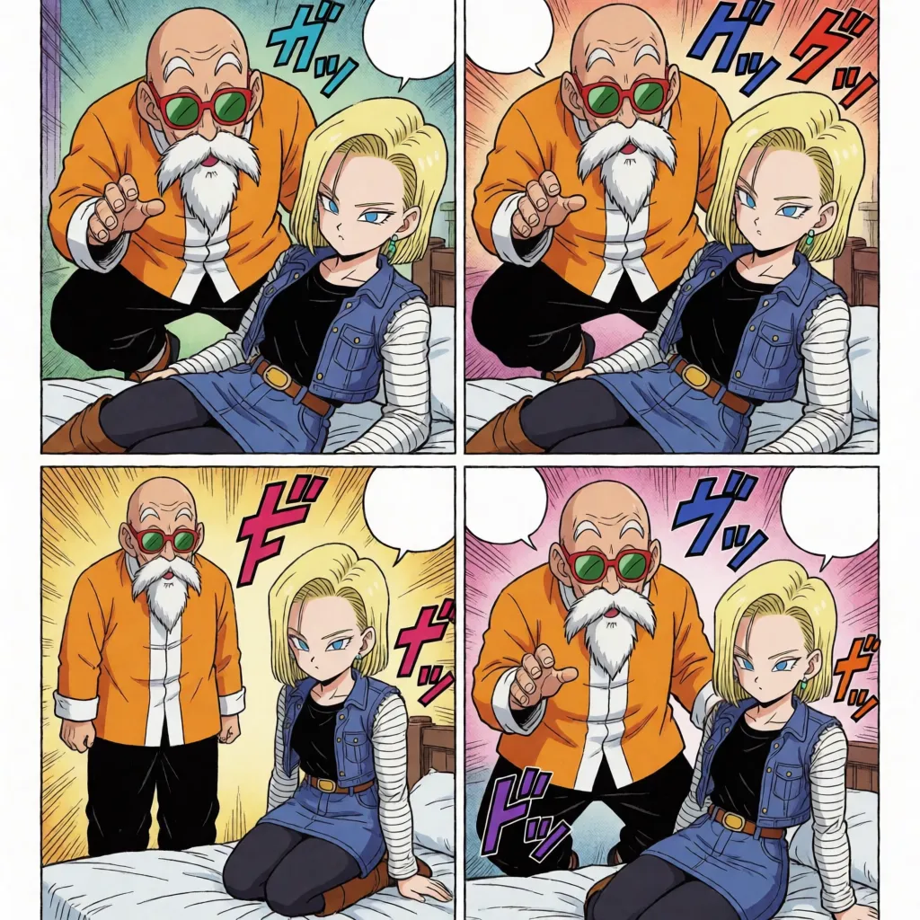 comic book art, Hentai, Dragon Ball, Master Roshi (male) having sexual intercourse with Android 18 (female), 4-panel layout; Panel 1: Male grinning, hovering over her, missionary position, thrusting; Female panting heavily; Panel 2: Male grinning, hovering over her, missionary position, creampie; Female at the peak of pleasure, screaming; Panel 3: Male standing; Female kneeling, performing fellatio earnestly; Panel 4: Male standing, thrusting penis deep into female's mouth, oral ejaculation; Female swallowing semen with a slightly strained expression; Overall setting: Bedroom; Anime-style coloring, flat colors, fine lines, delicate linework, motion effects, speed lines, Japanese sound effect text, Japanese speech bubbles; Masterpiece, best quality, ultra-detailed., bold black ink outlines, halftone dot shading, cross hatched shadows, flat four colour print palette, hard high contrast comic inking, printed comic page, strikingly beautiful, radiant complexion, early twenties