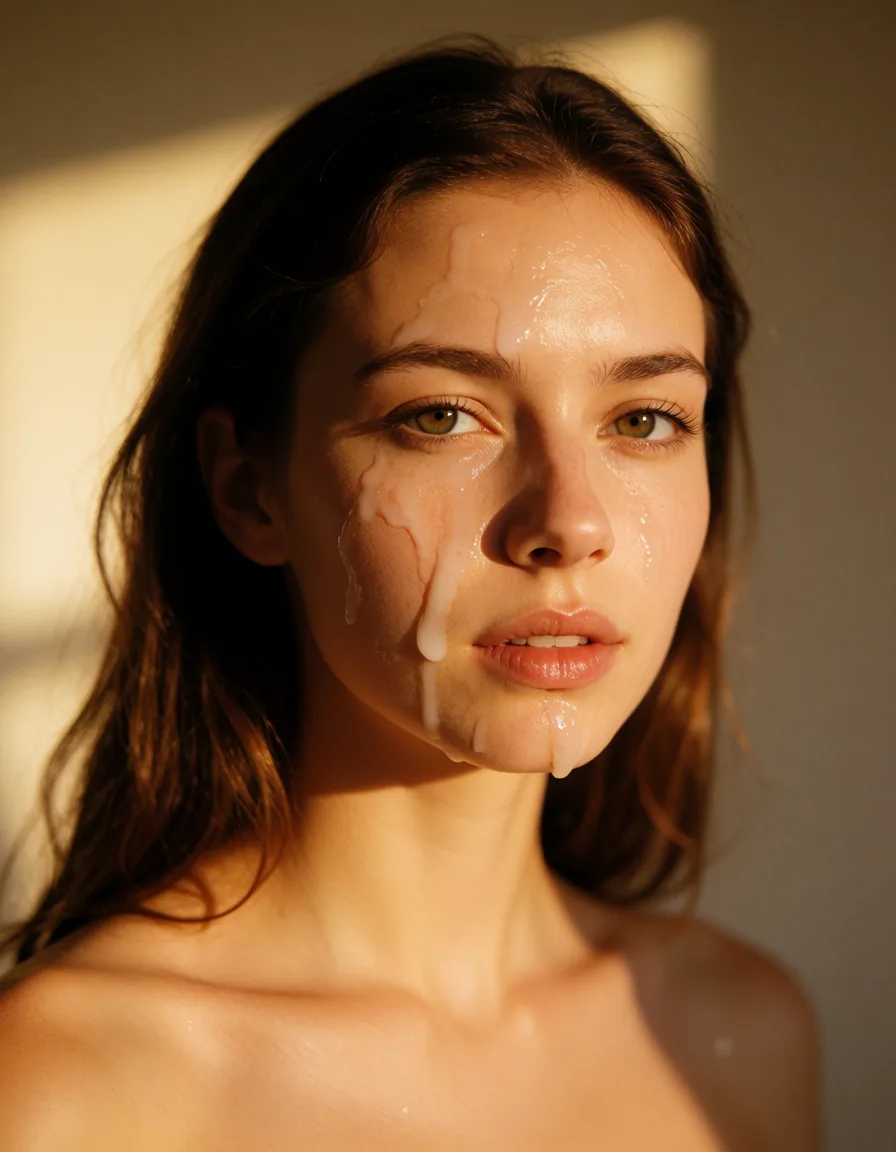 a photograph, Woman with steanky sperm on face, warm golden afternoon daylight, soft natural shadows, warm amber tones, gentle contrast, fine film grain, smooth clear skin, strikingly beautiful, radiant complexion, early twenties
