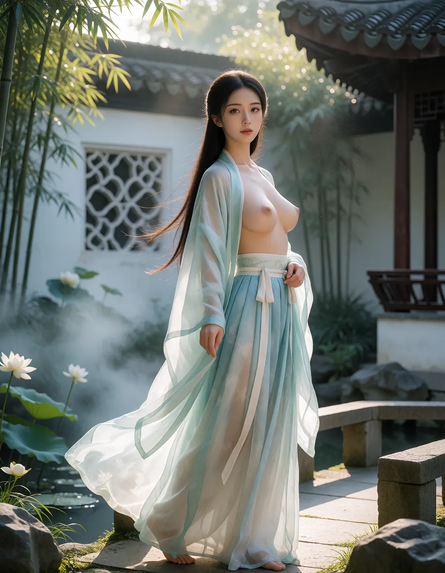 a photograph, 一位25岁左右的年轻东方女性,拥有清丽脱俗的东方古典美貌,五官精致而自然,脸型细腻秀美,眉眼细长,清澈明亮的杏仁形眼睛,眉毛自然纤细,鼻梁秀挺,眉毛自然纤细,鼻梁秀挺,轮廓外表,皮肤白皙细腻通透,承载着自然真实的皮肤纹理,乌黑柔顺的长发如瀑布般垂,微发丝随微风轻轻飘动。她身材修长纤细,比例自然协调,姿势轻盈,气质温婉、清冷、彻底,仿佛从中国古典画卷中走出的仙子。穿着一袭精致华美的传统中国古风汉服,淡青色、月白色与浅蓝色变换的轻盈丝绸服装,宽大的飘逸衣裙,着装的薄纱裙摆,精致精致的传统廓形,腰间系着浅色丝绸精致,衣袂简约飘动,整体服饰优雅、仙气十足、东方造型。 她矗立在一座烟雨江南风格的古典园林中,白墙黛瓦,雕花木窗,青石小桥,蓄水蓄水池,盛开的白色荷花,翠绿竹林,其间若隐若现的亭台楼阁。清晨雾薄博物馆,空气中疏着重视的雾气与光尘,柔和的晨光穿过竹林洒满了人物之上,背景朦胧而丰富的层次。她自然站立于庭院小桥旁,微微体态侧身,衣袖随微风轻轻飘动,一只手轻轻提起衣袖,另一只手垂自然落,姿势优雅从容。她微微回眸向眼神,眼神清澈温柔,表情淡雅平静,嘴角带着若有若无的浅笑,表现出一种清冷、温柔、空灵而梦幻的东方女性气质。 整体画面具有多种中国传统美学与仙侠电影的波意,将传统工笔画境与现代电影级真人摄影融合。真实的人物轮廓,真实的纹理,真实的发丝,真实的纹理纹理,真实的人体比例,细腻的面部肤色细节,柔和的电影级光影,体积光,边缘光,晨雾散光,浅景深,背景自然虚化,85mm人像摄影镜头,柔和焦外,高动态范围,精致构图,人物突出,画面层次丰富,神话梦幻,东方仙境氛围,超高细节,照片级真实感,高端古风艺术写真。画面色调以月白色、淡青色、浅蓝色、玉绿色和柔和的暖金色为主,低渗、清雅、通透,避免过度明亮,宁静、空灵、纯净整体、高级的视觉效果。
女人脱掉一半的衣服,漏出巨乳,正在自慰, warm golden afternoon daylight, soft natural shadows, warm amber tones, gentle contrast, fine film grain, smooth clear skin, strikingly beautiful, radiant complexion, early twenties