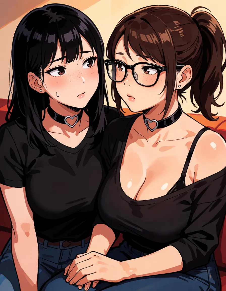 hentai anime art, multiple heads; conjoined body; two heads sharing one body; interracial; two-tone skin; split-colored skin; split-color body; black hair; brown hair ponytai; mature asian female; body freckles; small height asian milf; tsurime; parted lips; first head nervously looking at second; second head smug tongue out; tongue piercing; body freckles; black shirt; heart chokers, glasses, bbw, fat, natural sagging breasts, absurdly asymmetrical huge breast out, small breast, absurdly sagging breasts, large bottom, pubic hair, sitting, legs apart, lifting own clothes,, clean lineart, smooth cel shading, glossy highlights, saturated warm colour, drawn illustration, strikingly beautiful, radiant complexion, early twenties