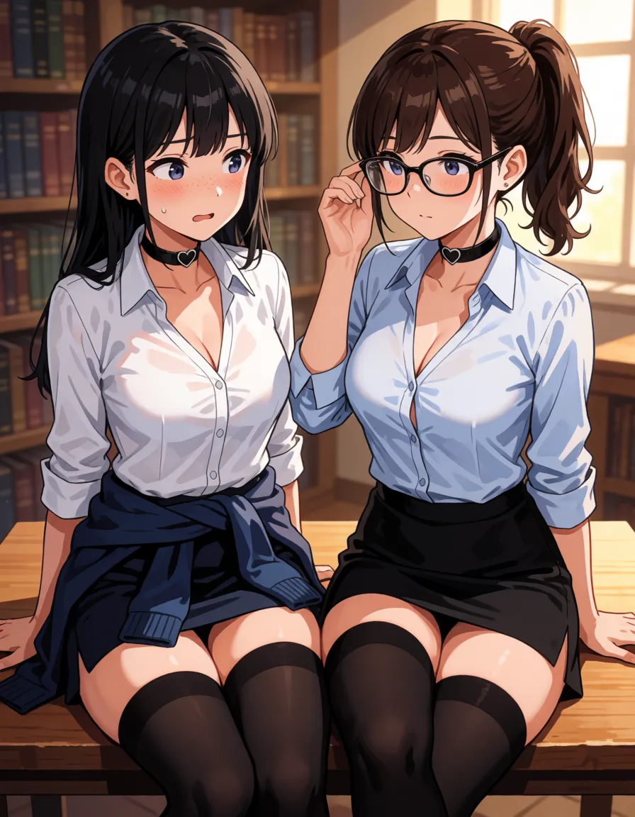 hentai anime art, multiple heads; conjoined body; two heads sharing one body; interracial; two-tone skin; split-colored skin; split-color body; black hair; brown hair ponytai; body freckles; small height asian milf; tsurime; parted lips; first head nervously looking at second; second head smug tongue out; tongue piercing; body freckles; office shirt; jacket over waist; black thighhighs; lace bra; heart chokers; glasses; bbw; fat; natural sagging breasts; absurdly asymmetrical huge breast out; small breast; absurdly sagging breasts; large bottom; pubic hair; sitting on table; legs apart; holding condom; adjusting glasses; library, clean lineart, smooth cel shading, glossy highlights, saturated warm colour, drawn illustration, strikingly beautiful, radiant complexion, early twenties