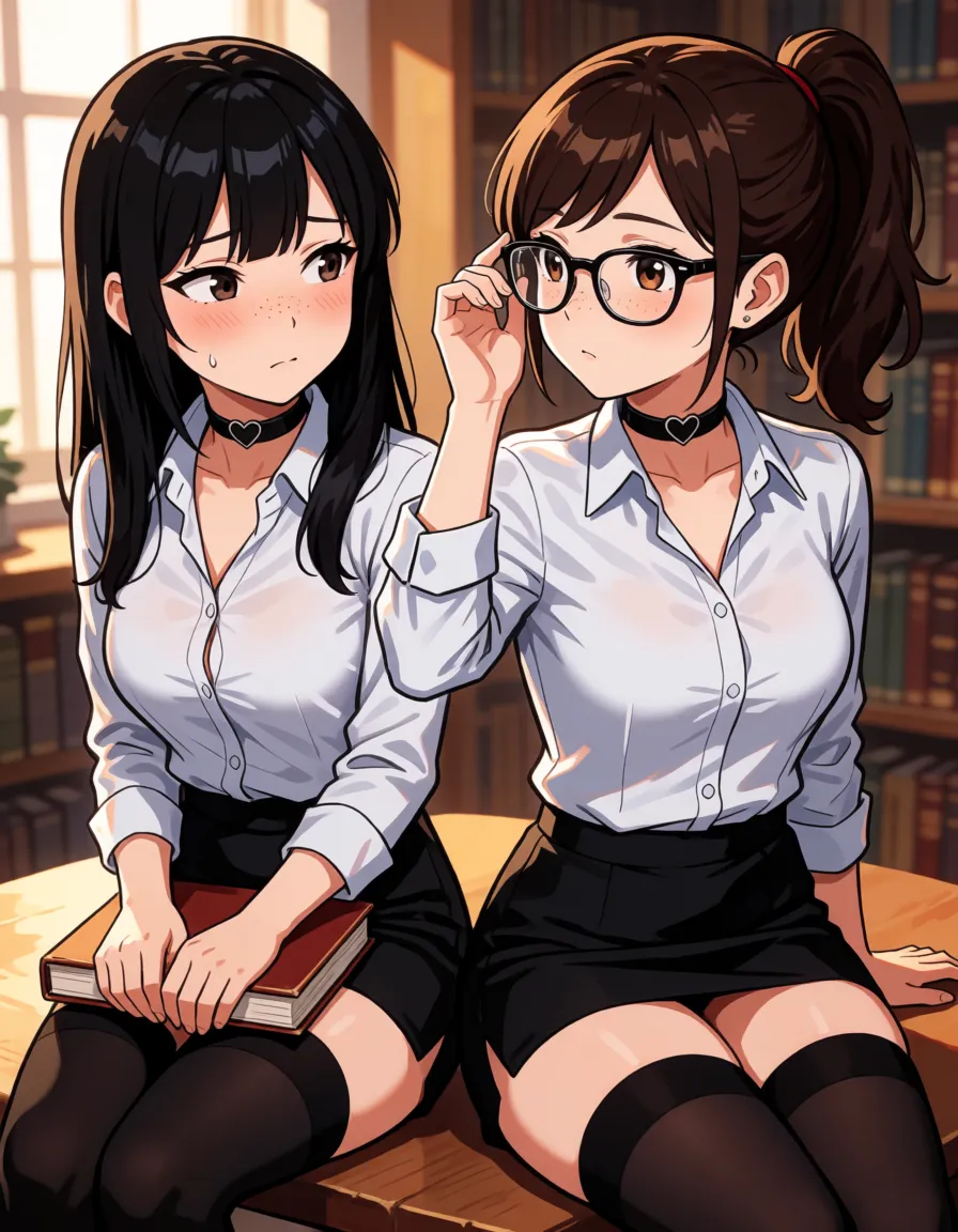 hentai anime art, multiple heads; conjoined body; two heads sharing one body; interracial; black hair; brown hair ponytai; body freckles; small height asian milf; tsurime; parted lips; first head nervously looking at second; second head smug tongue out; tongue piercing; body freckles; buttoned office shirt; black thighhighs; heart chokers; glasses; bbw; fat; natural sagging breasts; asymmetrical breasts size, second breast much bigger than first; small breast; sagging breasts; large bottom; pubic hair; sitting on table; legs apart; hugging book; adjusting glasses; library, clean lineart, smooth cel shading, glossy highlights, saturated warm colour, drawn illustration, strikingly beautiful, radiant complexion, early twenties