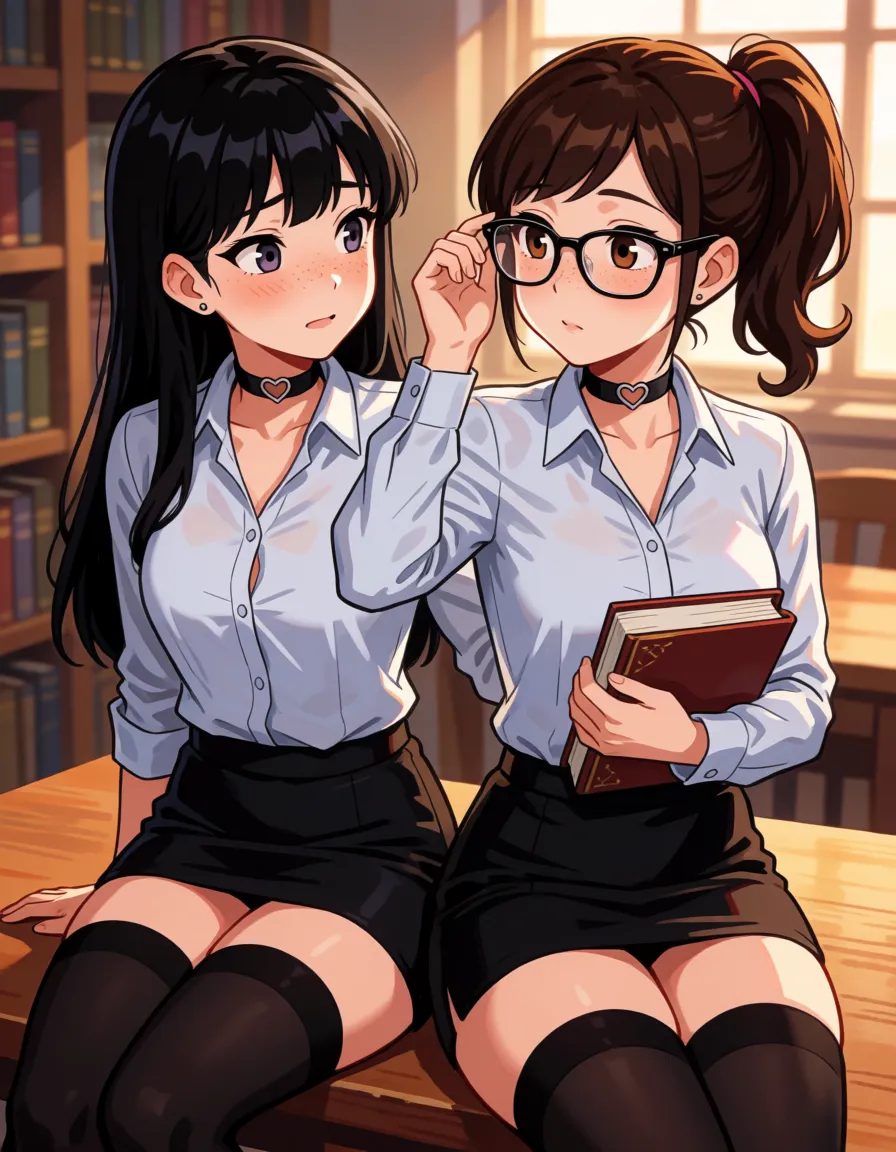 hentai anime art, multiple heads; conjoined body; two heads sharing one body; interracial; black hair; brown hair ponytai; body freckles; small height asian milf; tsurime; parted lips; first head nervously looking at second; second head smug tongue out; tongue piercing; body freckles; buttoned office shirt; black thighhighs; heart chokers; glasses; bbw; fat; natural sagging breasts; asymmetrical breasts size; second breast much bigger; small breast; large bottom; sitting on table; hugging book; adjusting glasses; library, clean lineart, smooth cel shading, glossy highlights, saturated warm colour, drawn illustration, strikingly beautiful, radiant complexion, early twenties
