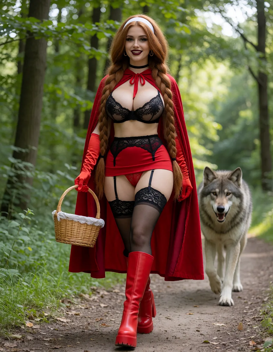 an amateur snapshot, Anna (the woman from the "Little Red Riding Hood" fairy tale; hereinafter "Anna") has very voluptuous buttocks, a very large bust, a slender waist, and a toned figure; she has exceptionally full lips. Anna has voluminous, very long amber-chestnut hair styled in two braids. She is dressed in black lace stockings held up by a black lace garter belt, a black lace bra made of a very sheer material, long red gloves, red knee-high boots with high heels and chunky soles, ultra-sheer red lace panties, an extremely short red miniskirt, and a red hooded cape. She wears a wide white headband, a black choker, and gold hoop earrings. Her eyes are accentuated with black mascara; her makeup is done in a Gothic style using black tones, and she wears dark burgundy lipstick.Anna walks straight ahead in a good mood, carrying a basket. A huge WOLF runs up to her.The scene takes place on a forest path on a sunny day. The shot is framed from the front, from a low angle, and from a great distance., plenty of natural daylight, flat even light, casual unposed snapshot, natural everyday colour, mild noise, natural unretouched skin, strikingly beautiful, radiant complexion, early twenties