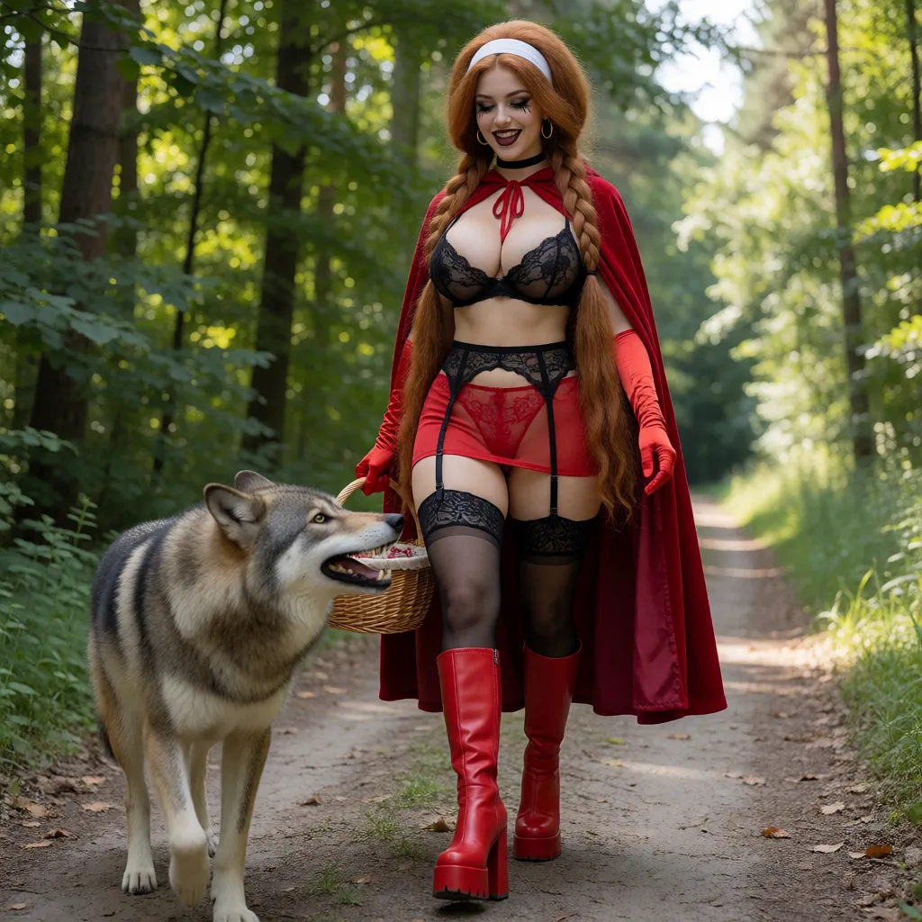 an amateur snapshot, Anna (the woman from the "Little Red Riding Hood" fairy tale; hereinafter "Anna") has very voluptuous buttocks, a very large bust, a slender waist, and a toned figure; she has exceptionally full lips. Anna has voluminous, very long amber-chestnut hair styled in two braids. She is dressed in black lace stockings held up by a black lace garter belt, a black lace bra made of a very sheer material, long red gloves, red knee-high boots with high heels and chunky soles, ultra-sheer red lace panties, an extremely short red miniskirt, and a red hooded cape. She wears a wide white headband, a black choker, and gold hoop earrings. Her eyes are accentuated with black mascara; her makeup is done in a Gothic style using black tones, and she wears dark burgundy lipstick.Anna walks straight ahead in a good mood, carrying a basket. A huge WOLF runs up to her.The scene takes place on a forest path on a sunny day. The shot is framed from the front, from a low angle, and from a great distance., plenty of natural daylight, flat even light, casual unposed snapshot, natural everyday colour, mild noise, natural unretouched skin, strikingly beautiful, radiant complexion, early twenties